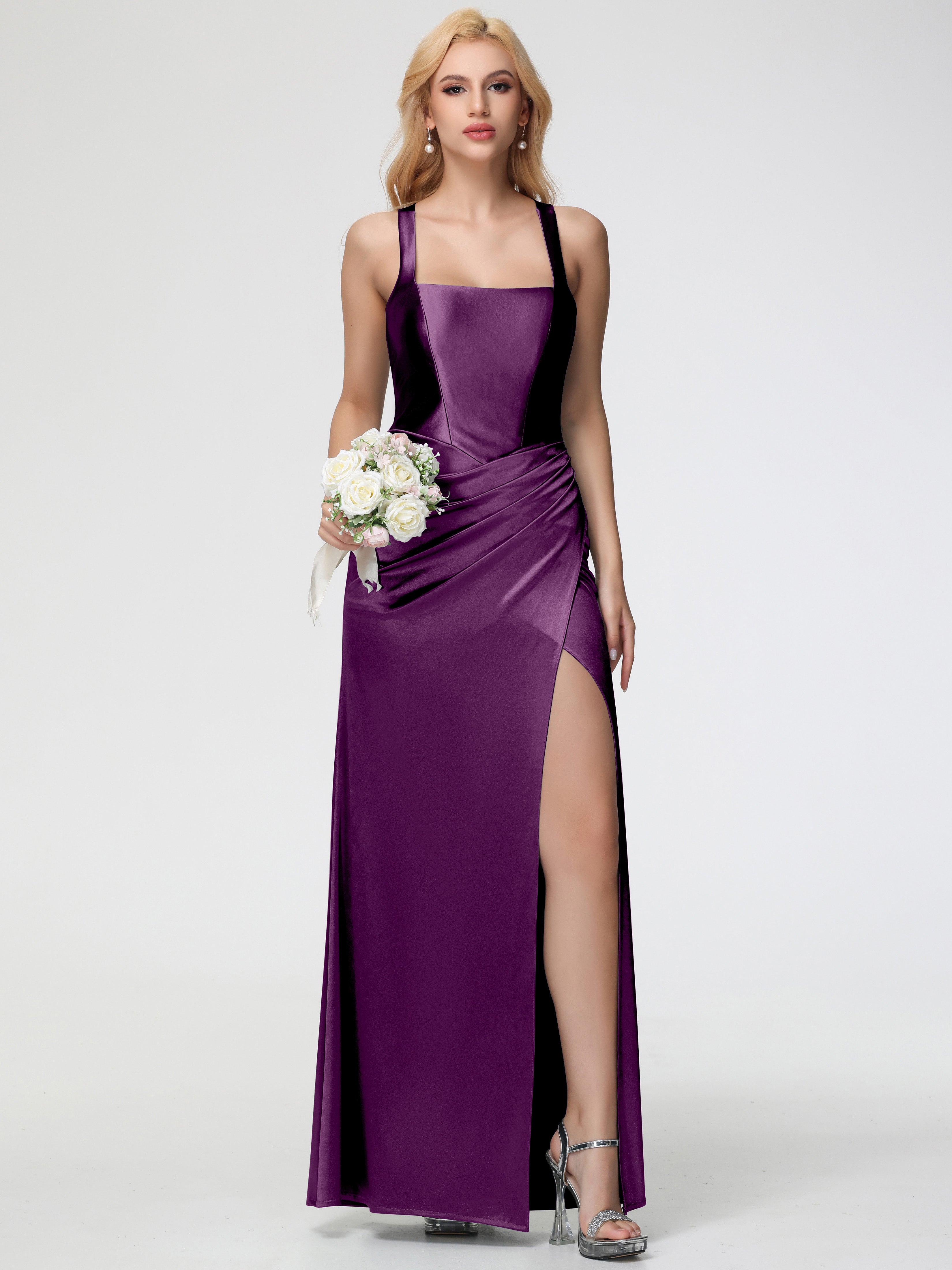 Robes De Demoiselle D'Honneur En Raisin Col Carré Fendue Trapèze Satin Extensible Robe De Demoiselle D'Honneur