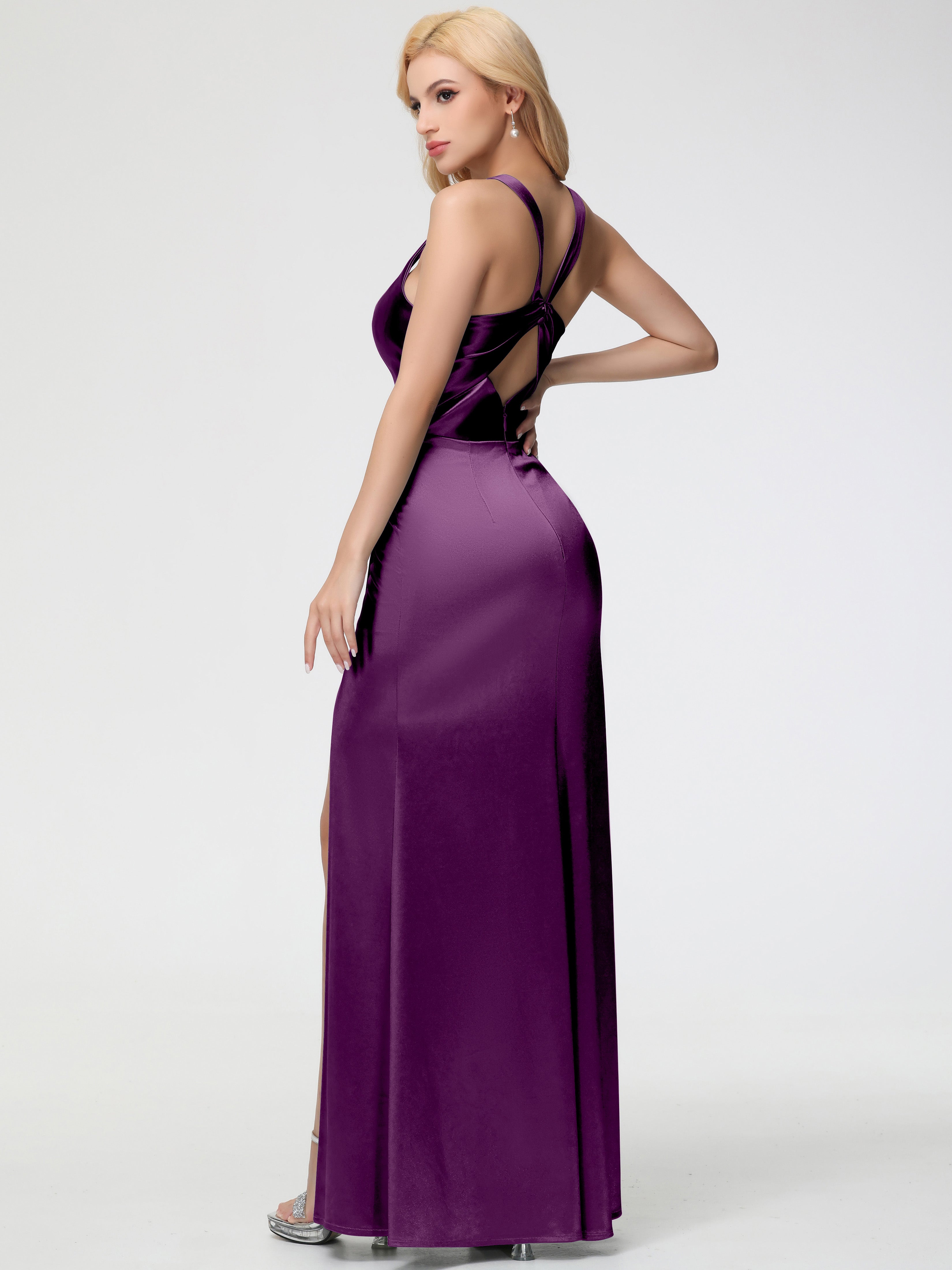 Robes De Demoiselle D'Honneur En Raisin Col Carré Fendue Trapèze Satin Extensible Robe De Demoiselle D'Honneur