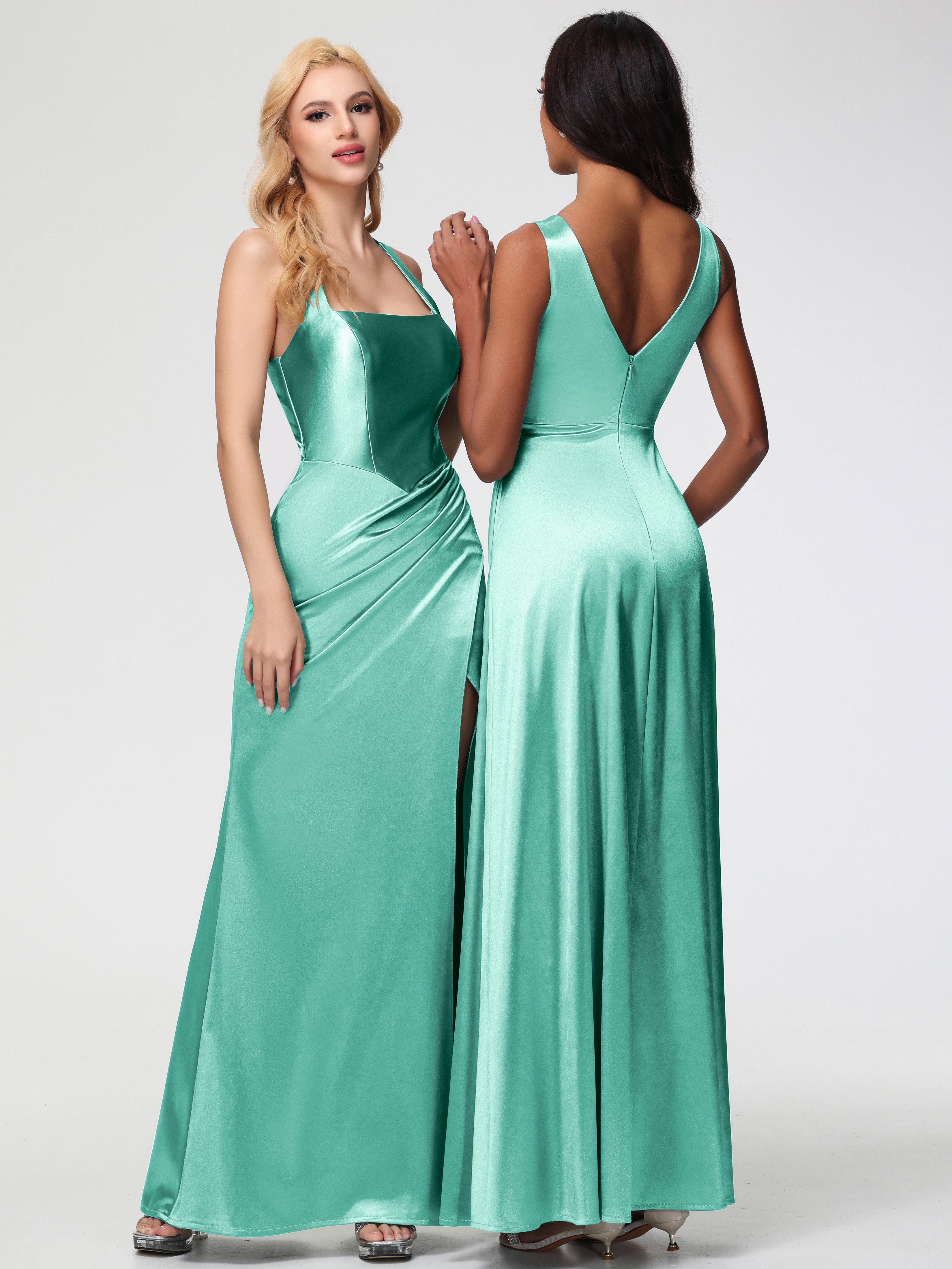 Robes De Demoiselle D'Honneur Vert Menthe Col Carré Fendue Trapèze Satin Extensible Robe De Demoiselle D'Honneur