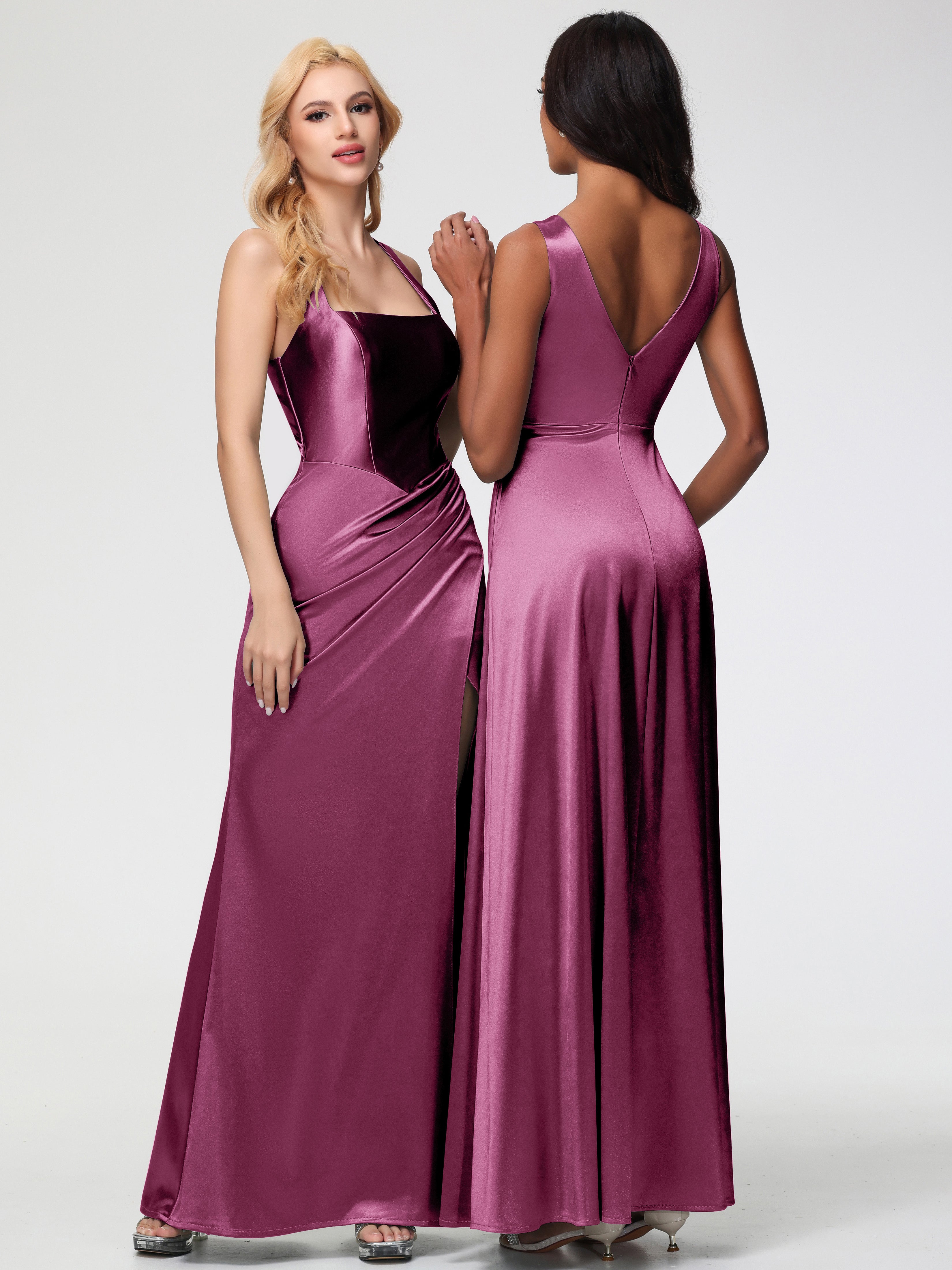 Robes De Demoiselle D'Honneur Mure Col Carré Fendue Trapèze Satin Extensible Robe De Demoiselle D'Honneur