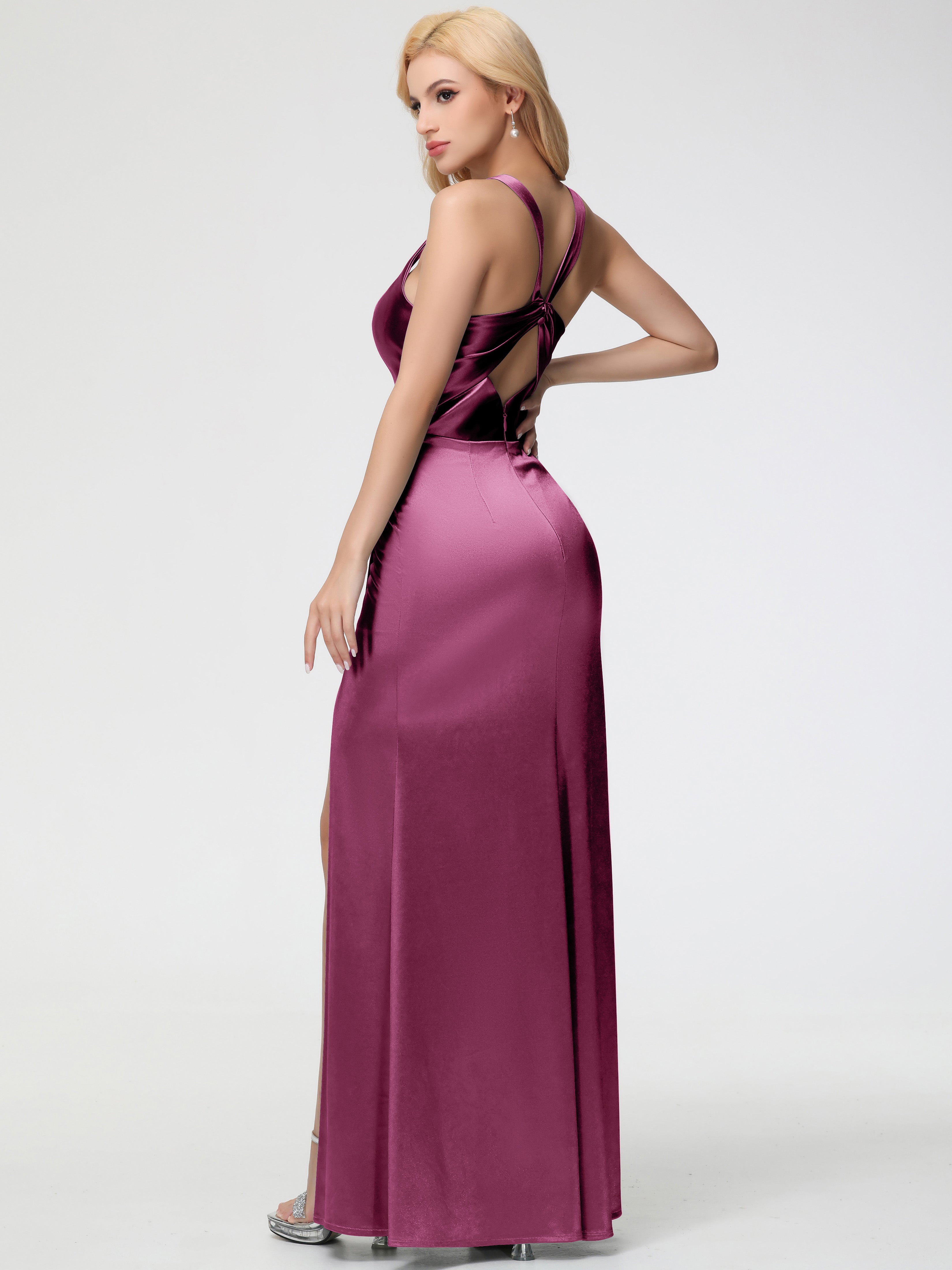 Robes De Demoiselle D'Honneur Mure Col Carré Fendue Trapèze Satin Extensible Robe De Demoiselle D'Honneur