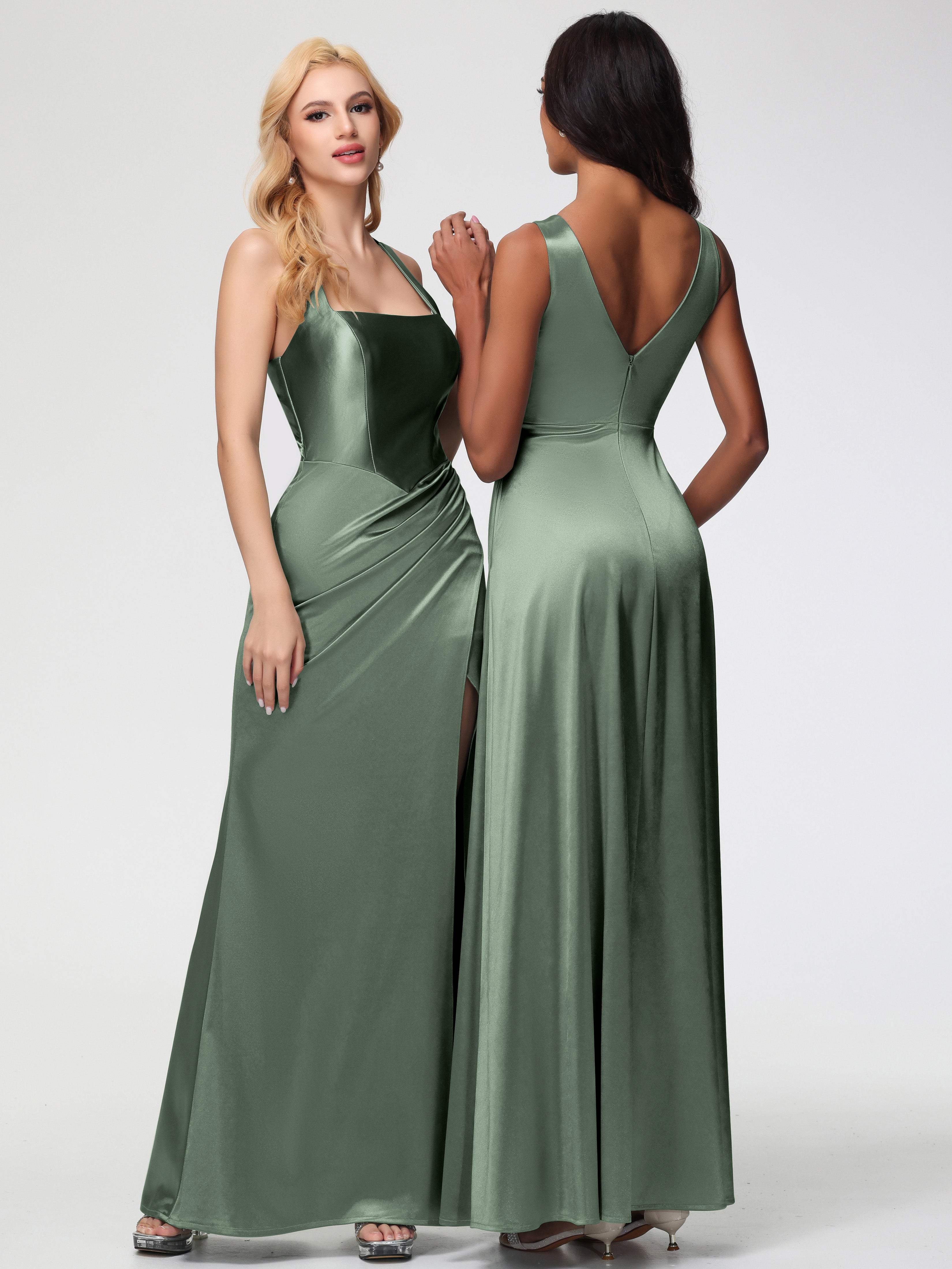 Robes De Demoiselle D'Honneur Olive Col Carré Fendue Trapèze Satin Extensible Robe De Demoiselle D'Honneur