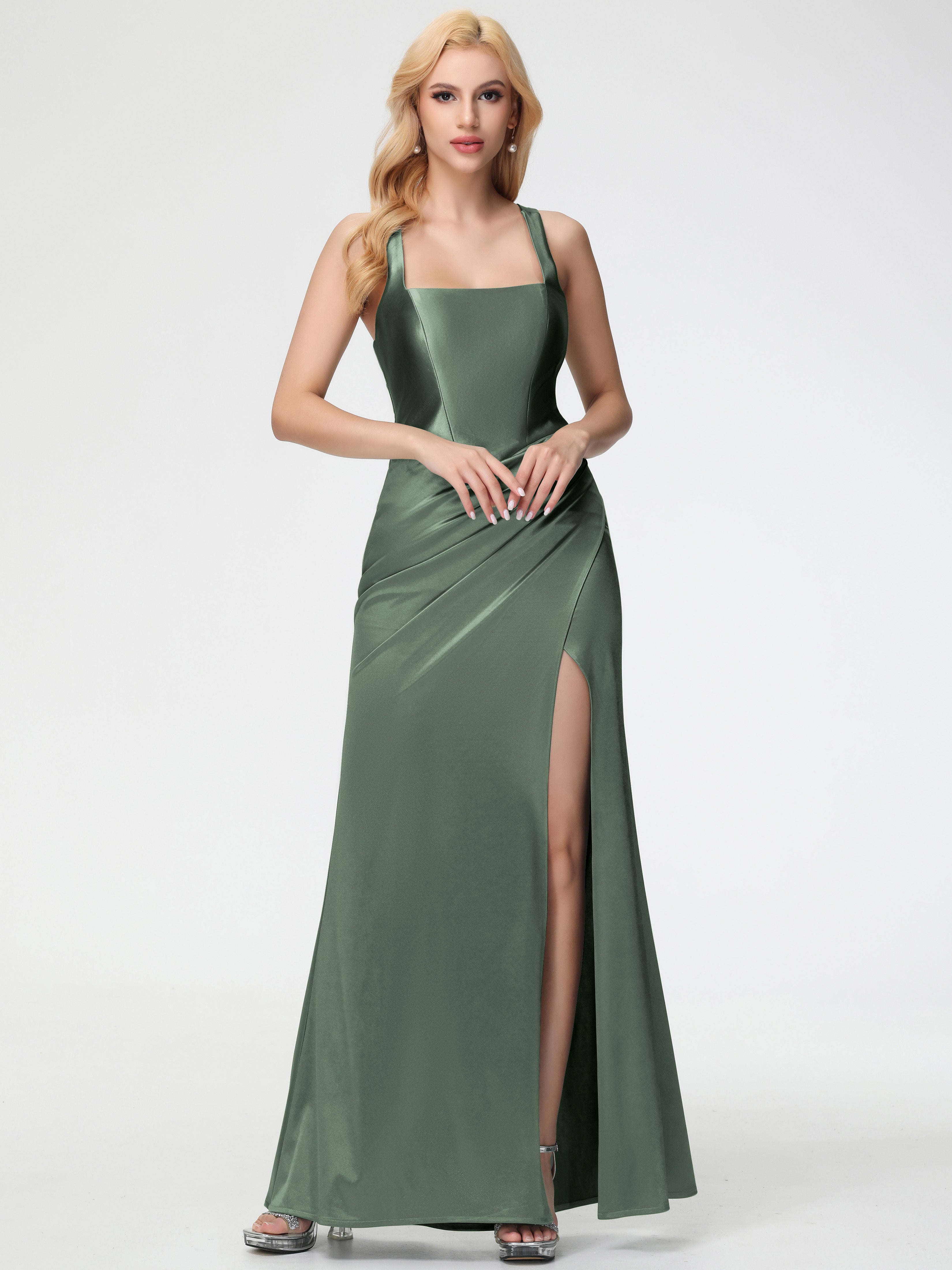 Robes De Demoiselle D'Honneur Olive Col Carré Fendue Trapèze Satin Extensible Robe De Demoiselle D'Honneur