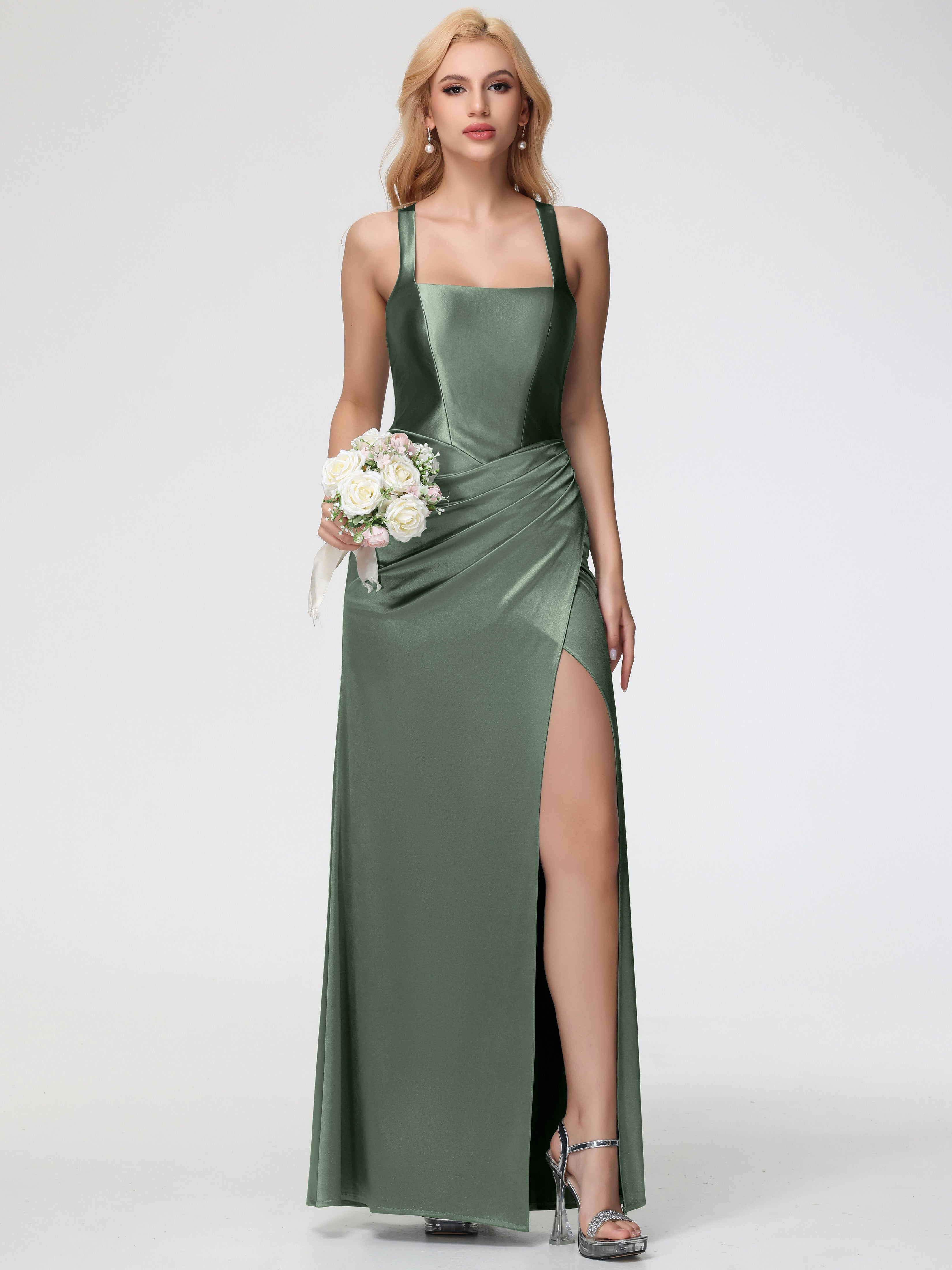 Robes De Demoiselle D'Honneur Olive Col Carré Fendue Trapèze Satin Extensible Robe De Demoiselle D'Honneur