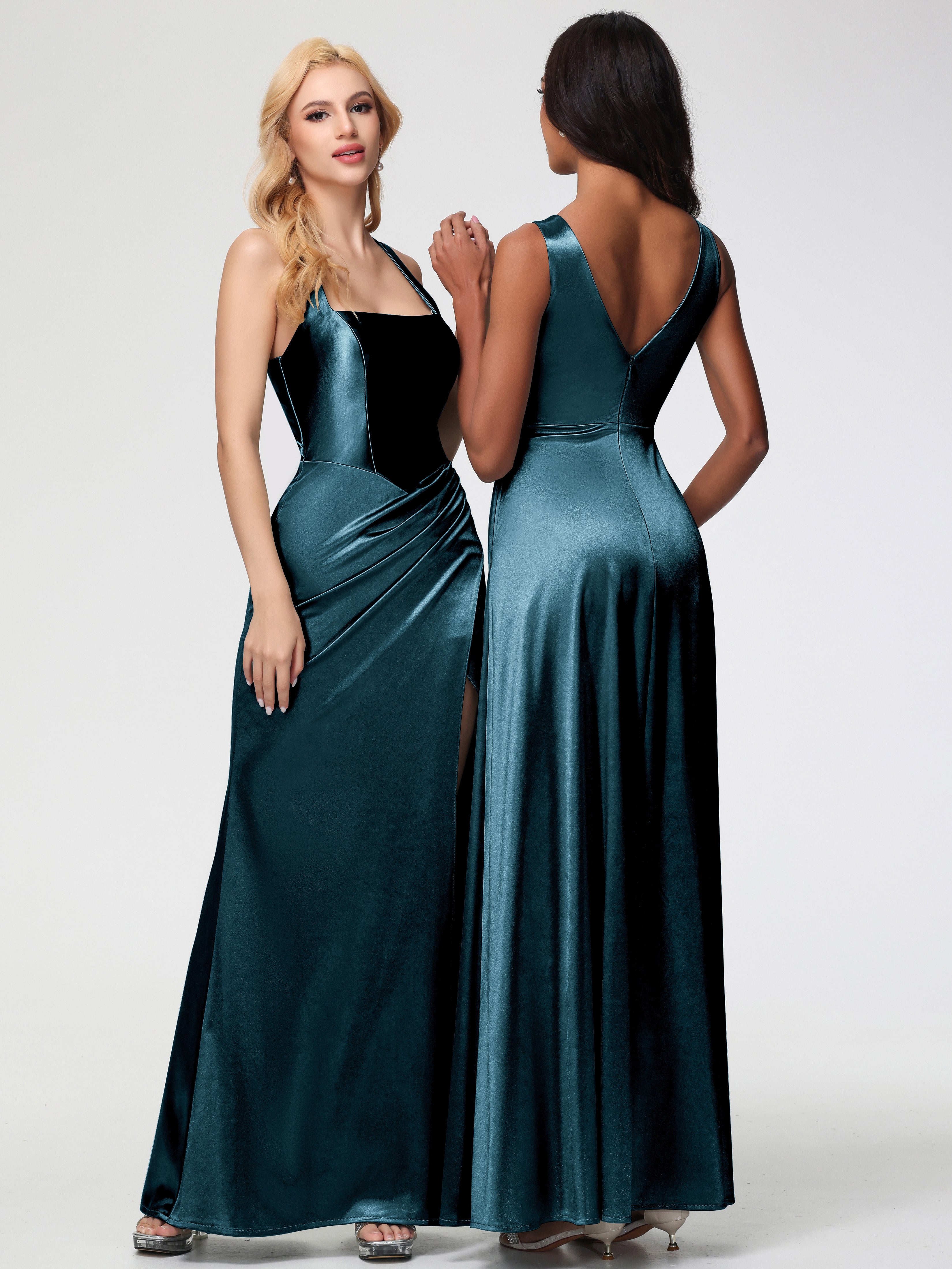 Robes De Demoiselle D'Honneur Couleur Paon Col Carré Fendue Trapèze Satin Extensible Robe De Demoiselle D'Honneur