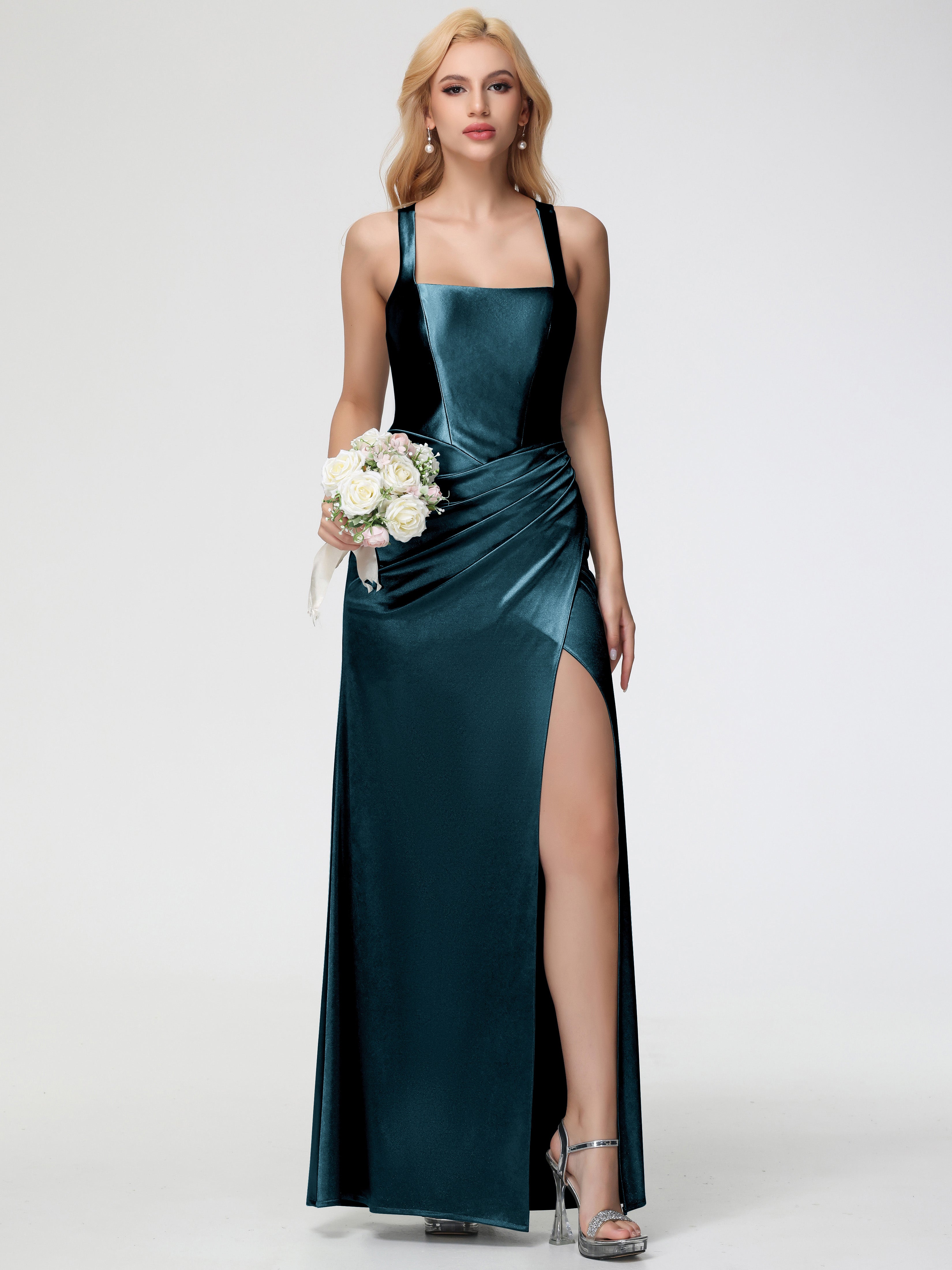 Robes De Demoiselle D'Honneur Couleur Paon Col Carré Fendue Trapèze Satin Extensible Robe De Demoiselle D'Honneur