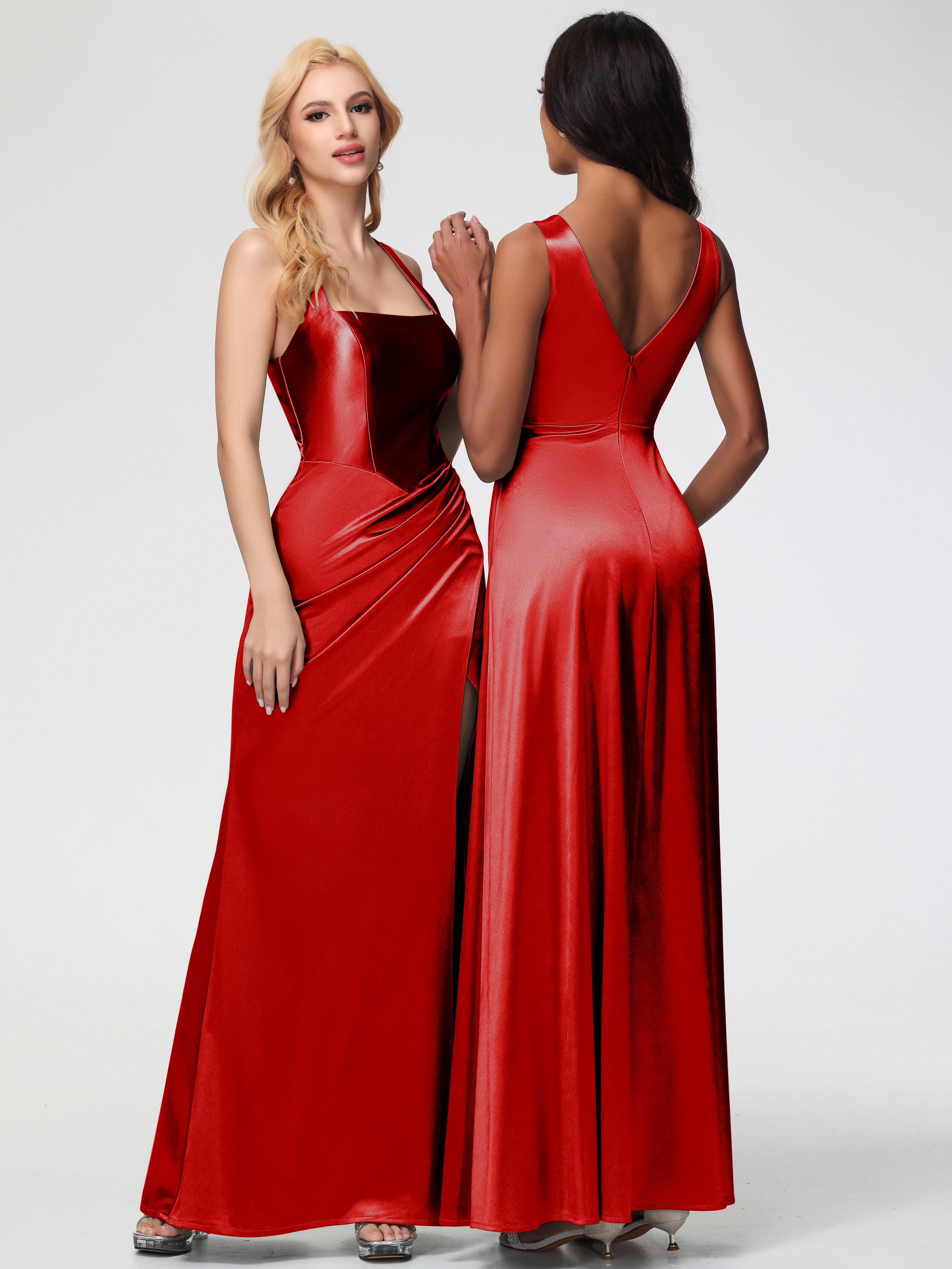 Robe Demoiselle D Honneur Rouge Pas Cher Col Carré Fendue Trapèze Satin Extensible Robe De Demoiselle D'Honneur