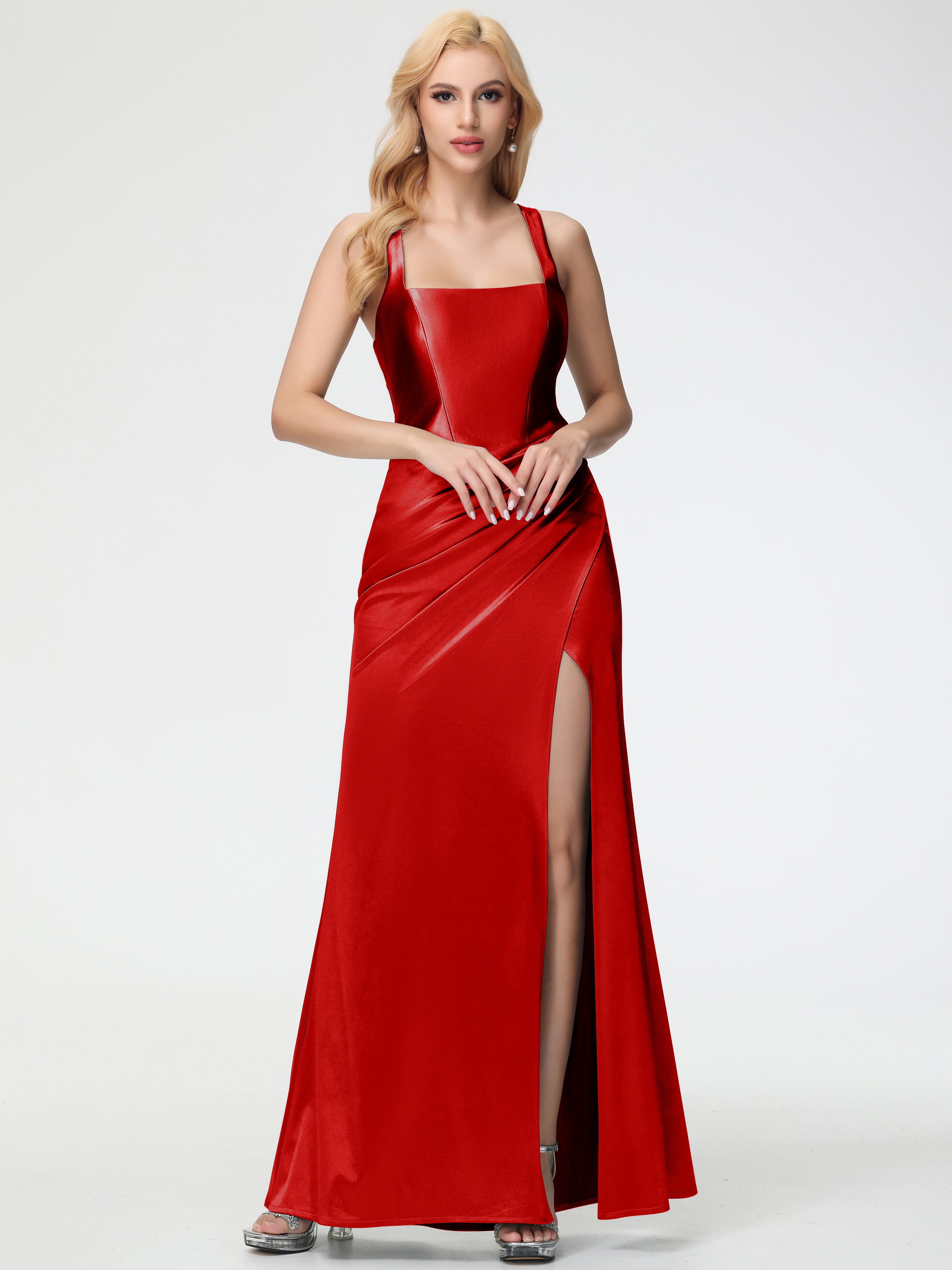 Robe Demoiselle D Honneur Rouge Pas Cher Col Carré Fendue Trapèze Satin Extensible Robe De Demoiselle D'Honneur