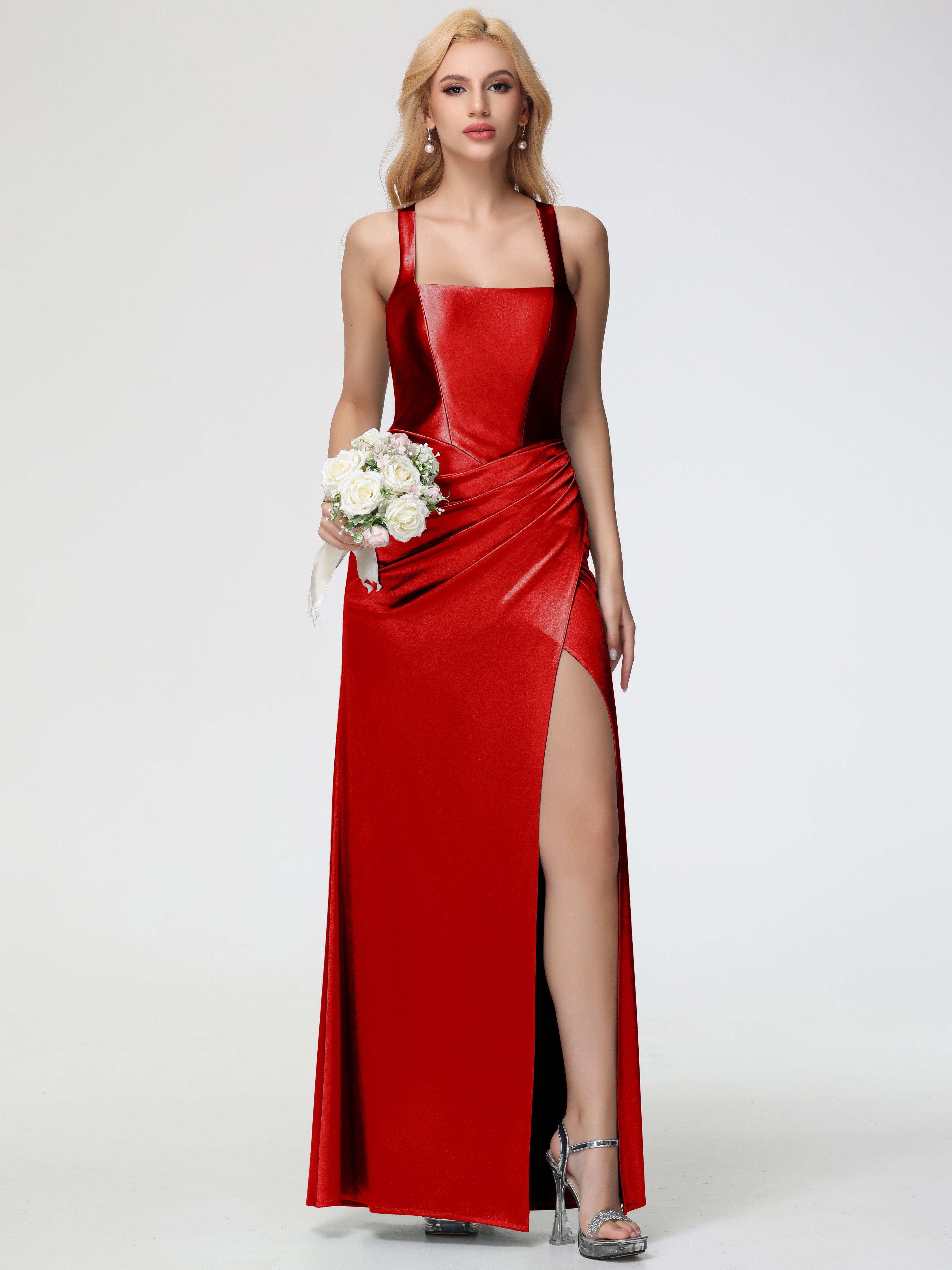 Robe Demoiselle D Honneur Rouge Pas Cher Col Carré Fendue Trapèze Satin Extensible Robe De Demoiselle D'Honneur