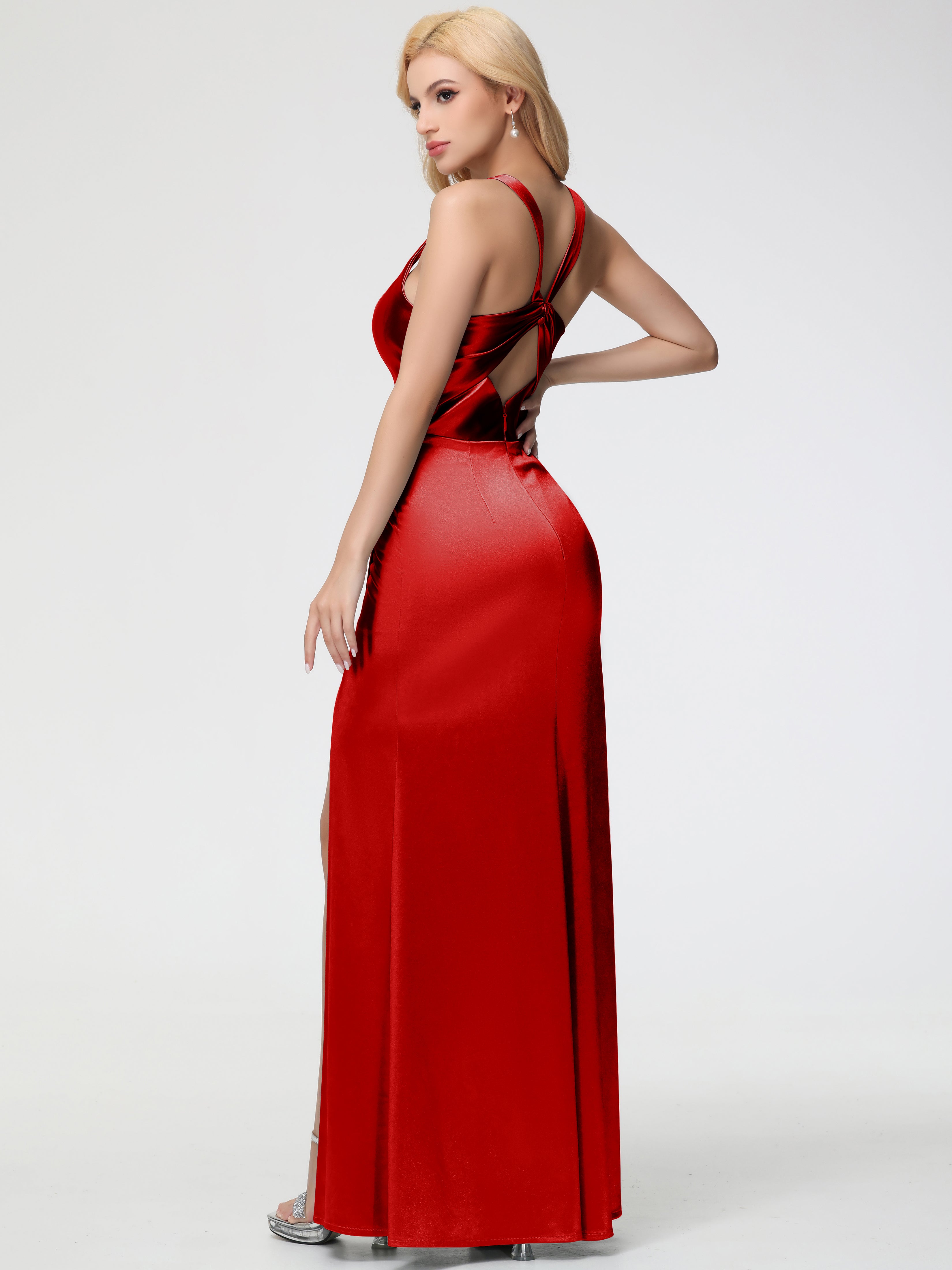 Robe Demoiselle D Honneur Rouge Pas Cher Col Carré Fendue Trapèze Satin Extensible Robe De Demoiselle D'Honneur
