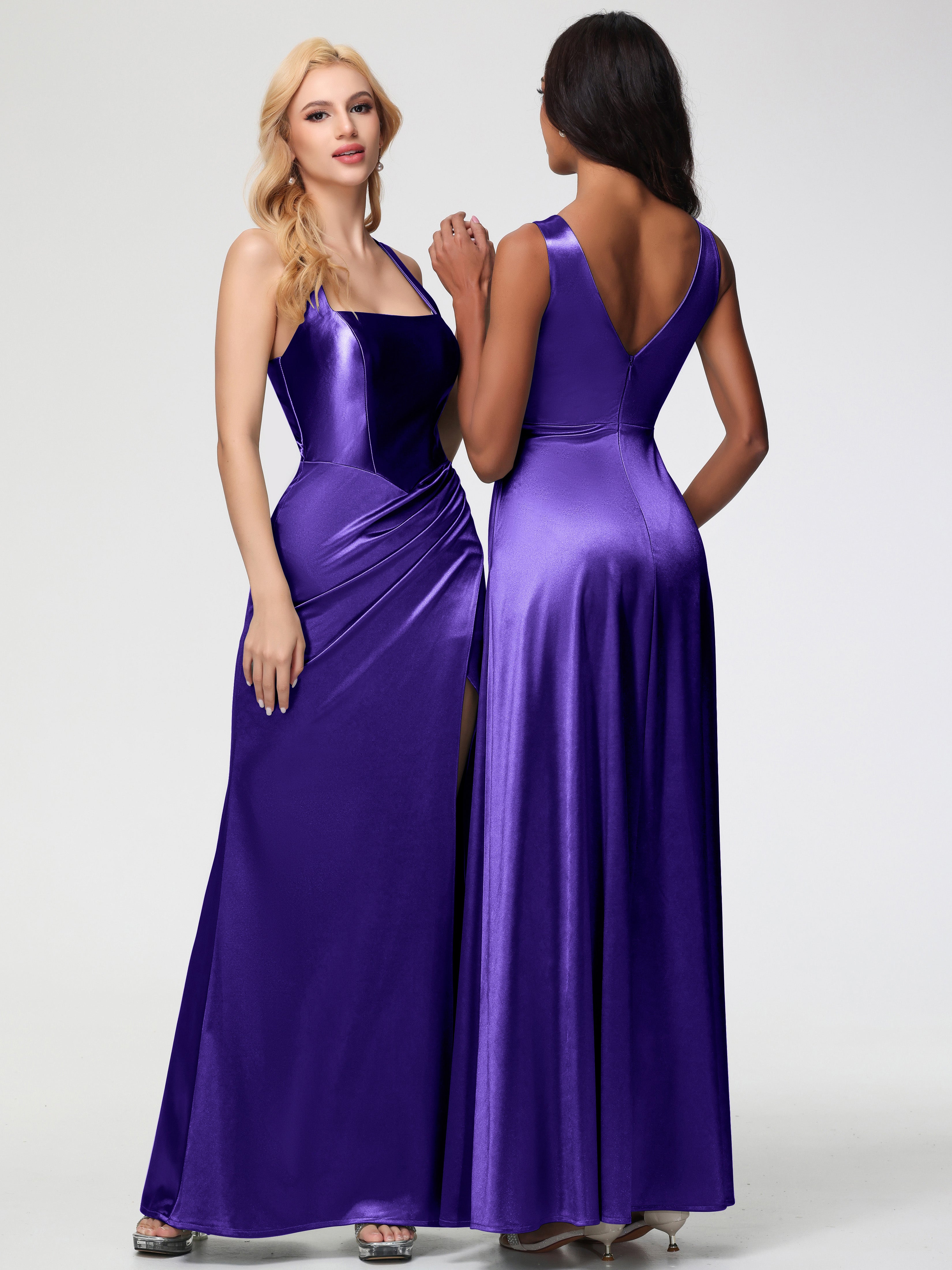 Robes De Demoiselle D'Honneur En Régence Col Carré Fendue Trapèze Satin Extensible Robe De Demoiselle D'Honneur