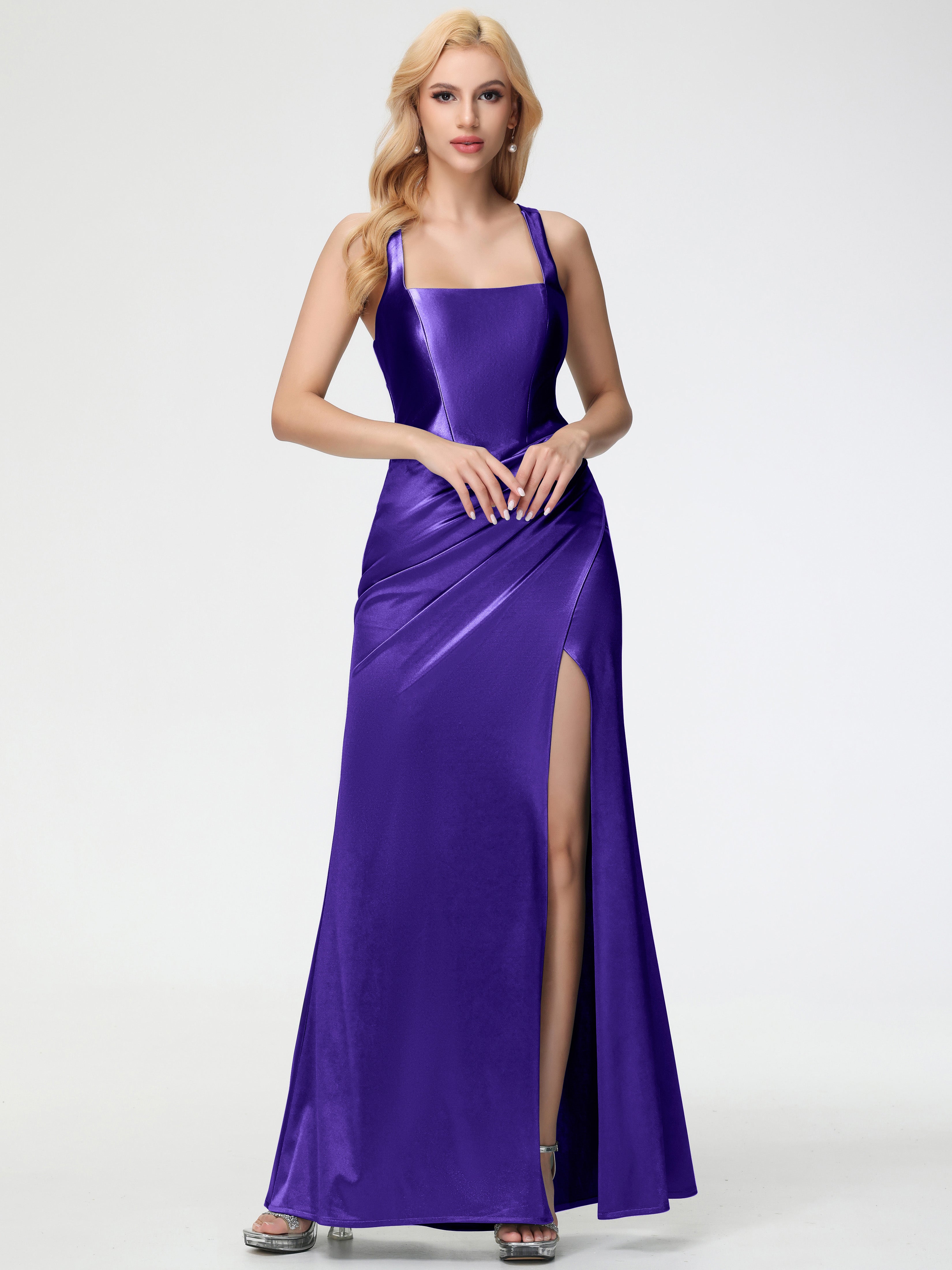 Robes De Demoiselle D'Honneur En Régence Col Carré Fendue Trapèze Satin Extensible Robe De Demoiselle D'Honneur