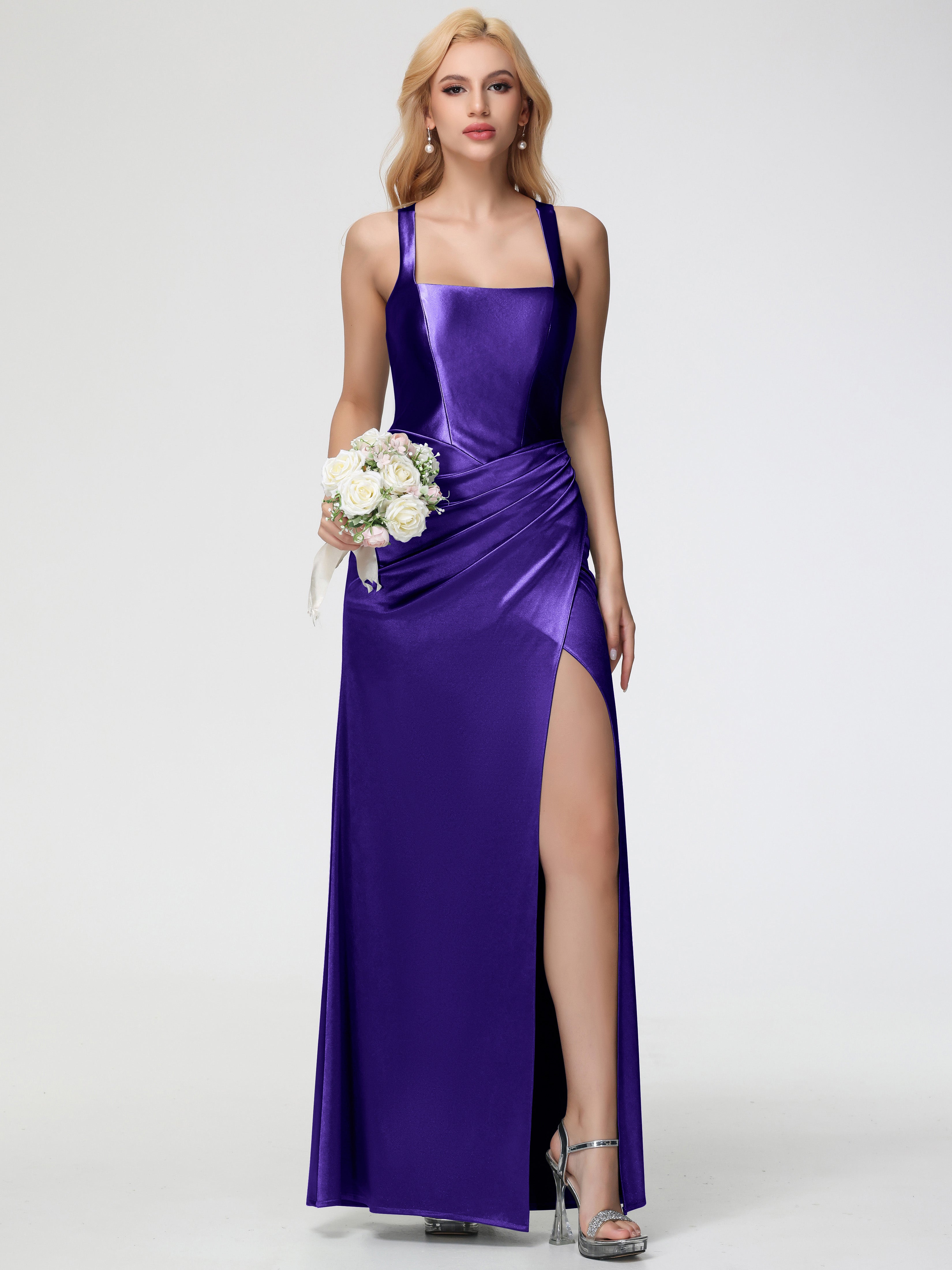 Robes De Demoiselle D'Honneur En Régence Col Carré Fendue Trapèze Satin Extensible Robe De Demoiselle D'Honneur