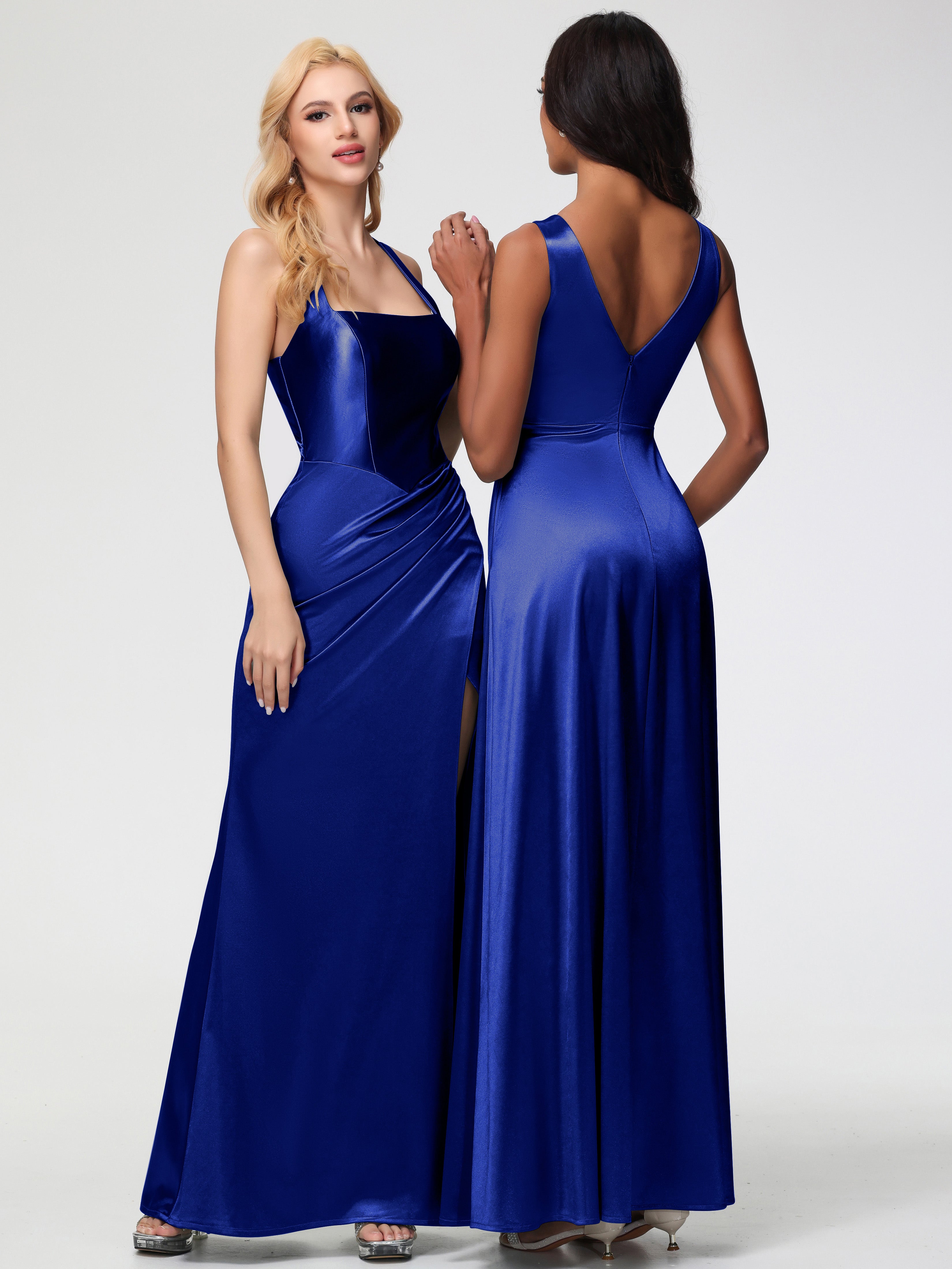 Robes De Demoiselle D'Honneur Bleu Royal Col Carré Fendue Trapèze Satin Extensible Robe De Demoiselle D'Honneur