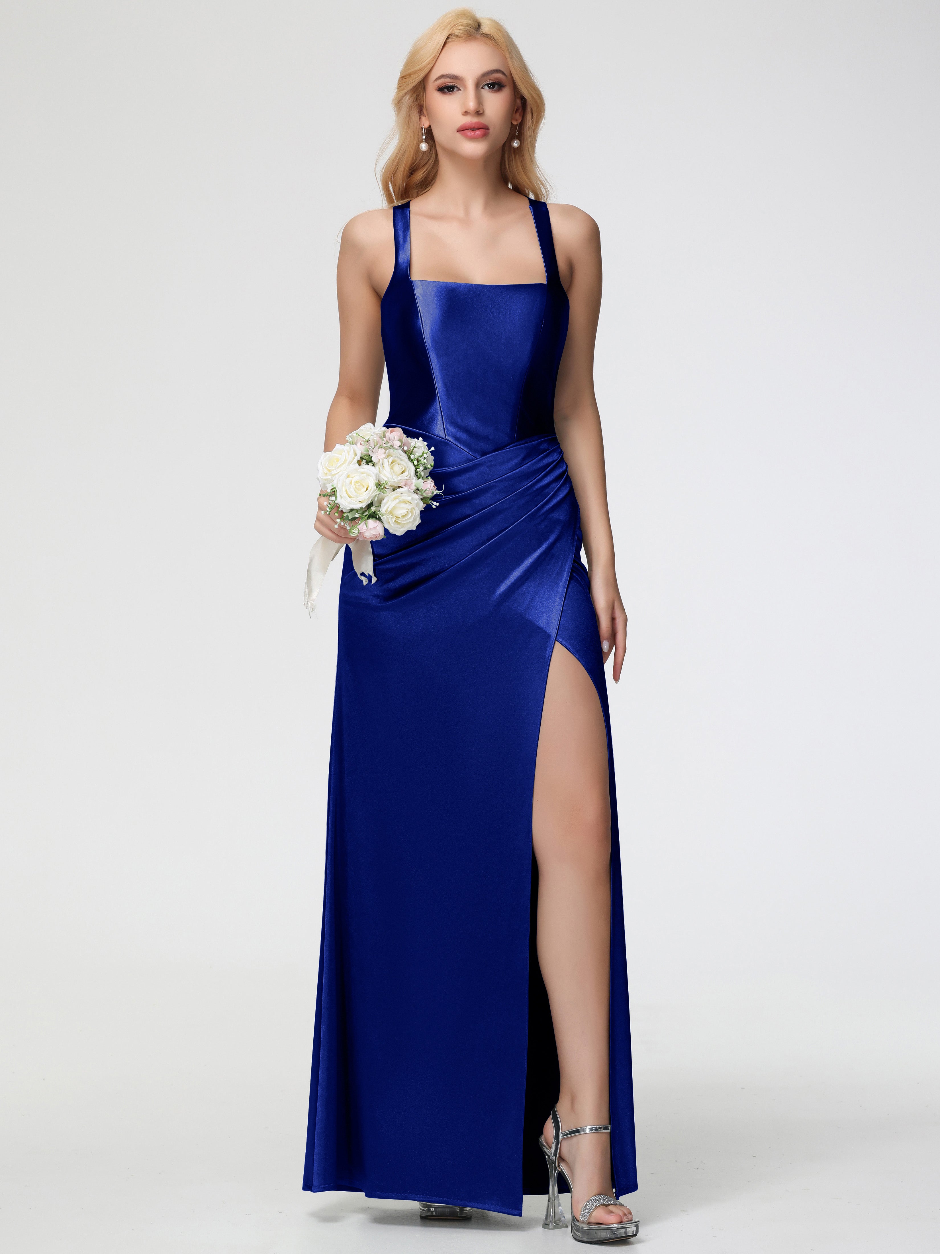 Robes De Demoiselle D'Honneur Bleu Royal Col Carré Fendue Trapèze Satin Extensible Robe De Demoiselle D'Honneur