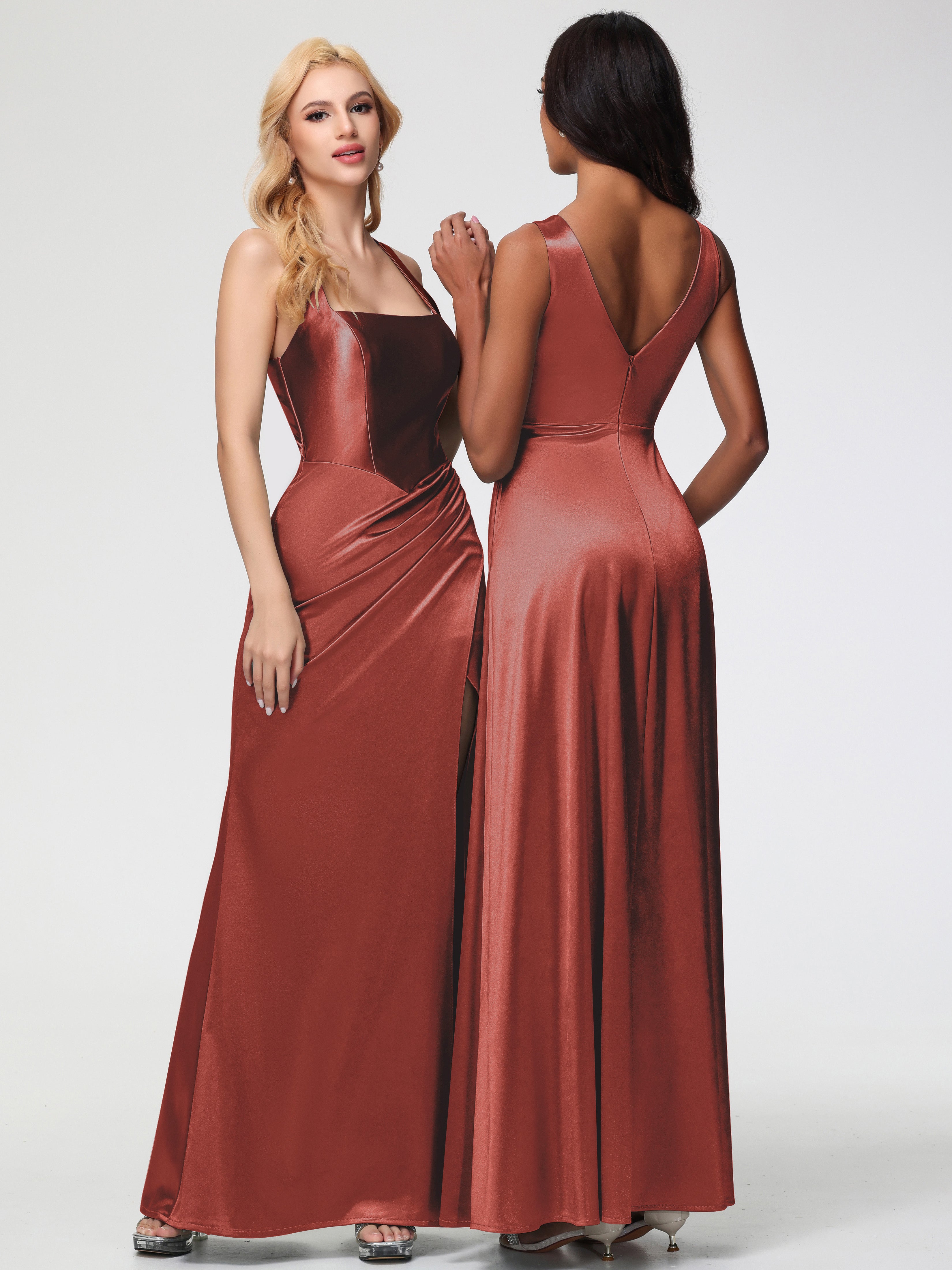 Robe De Demoiselle D'Honneur Rouille Col Carré Fendue Trapèze Satin Extensible Robe De Demoiselle D'Honneur