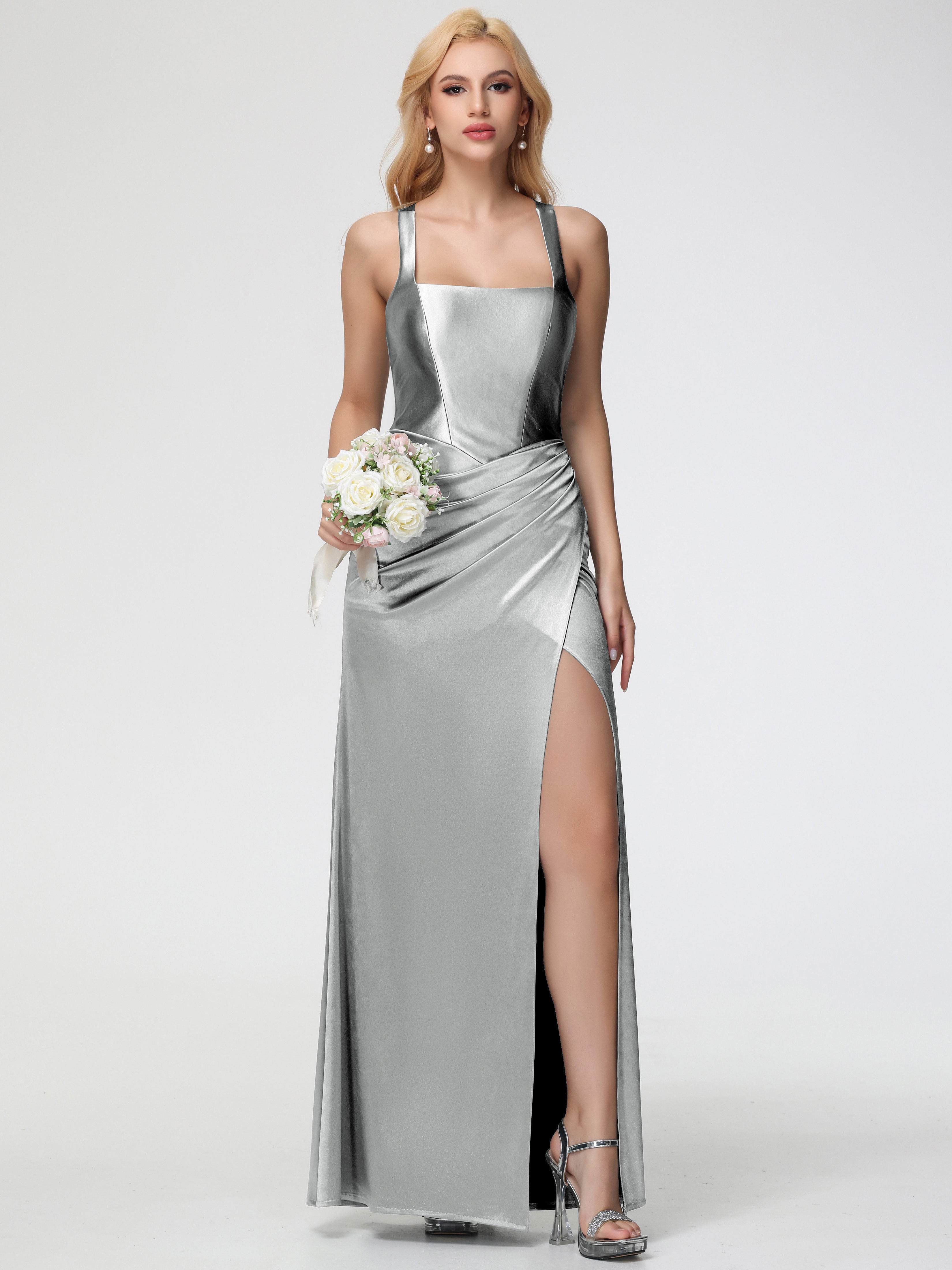 Robes De Demoiselle D'Honneur En Argent Col Carré Fendue Trapèze Satin Extensible Robe De Demoiselle D'Honneur