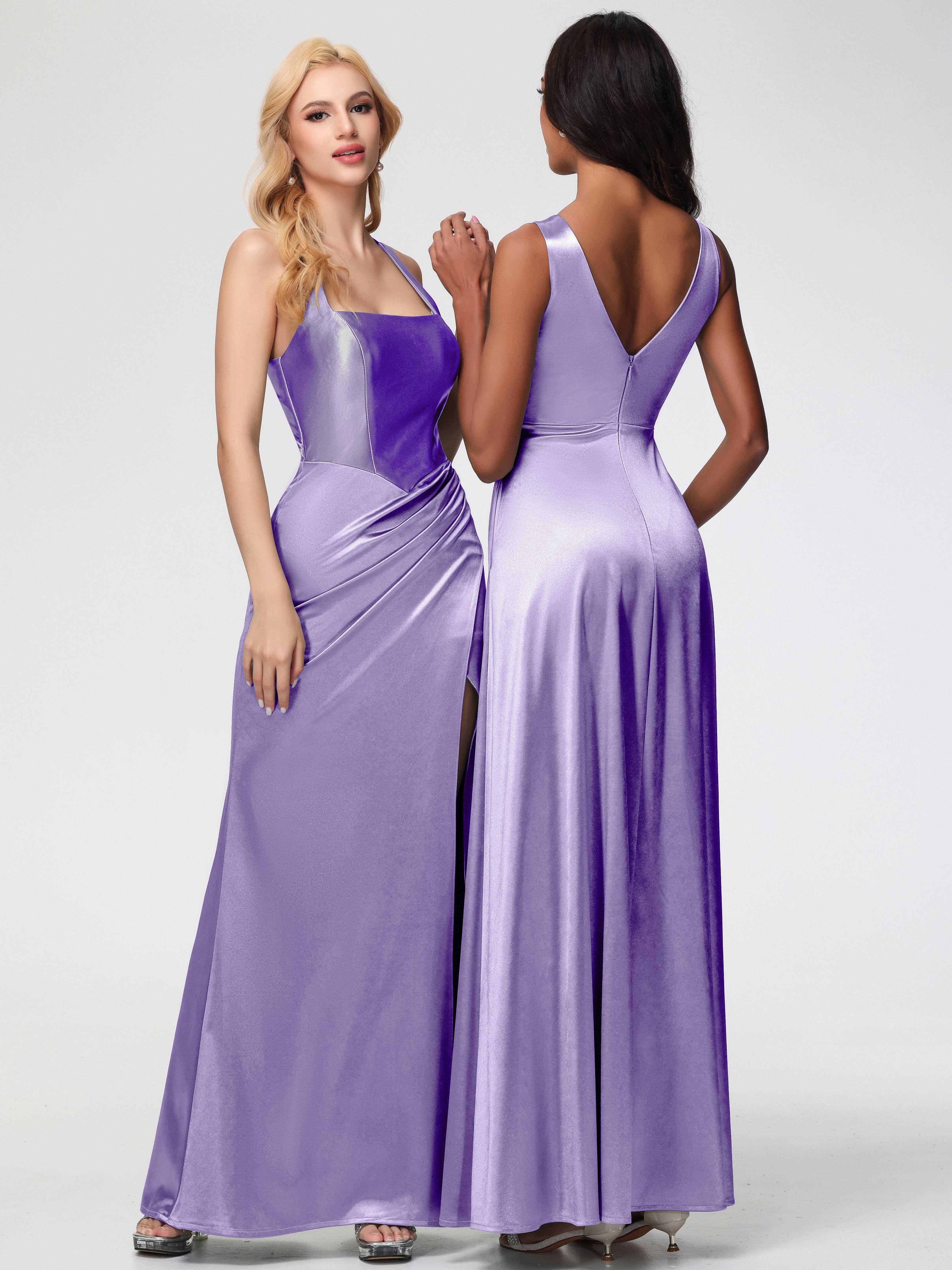 Robes De Demoiselle D'Honneur Tahiti Col Carré Fendue Trapèze Satin Extensible Robe De Demoiselle D'Honneur