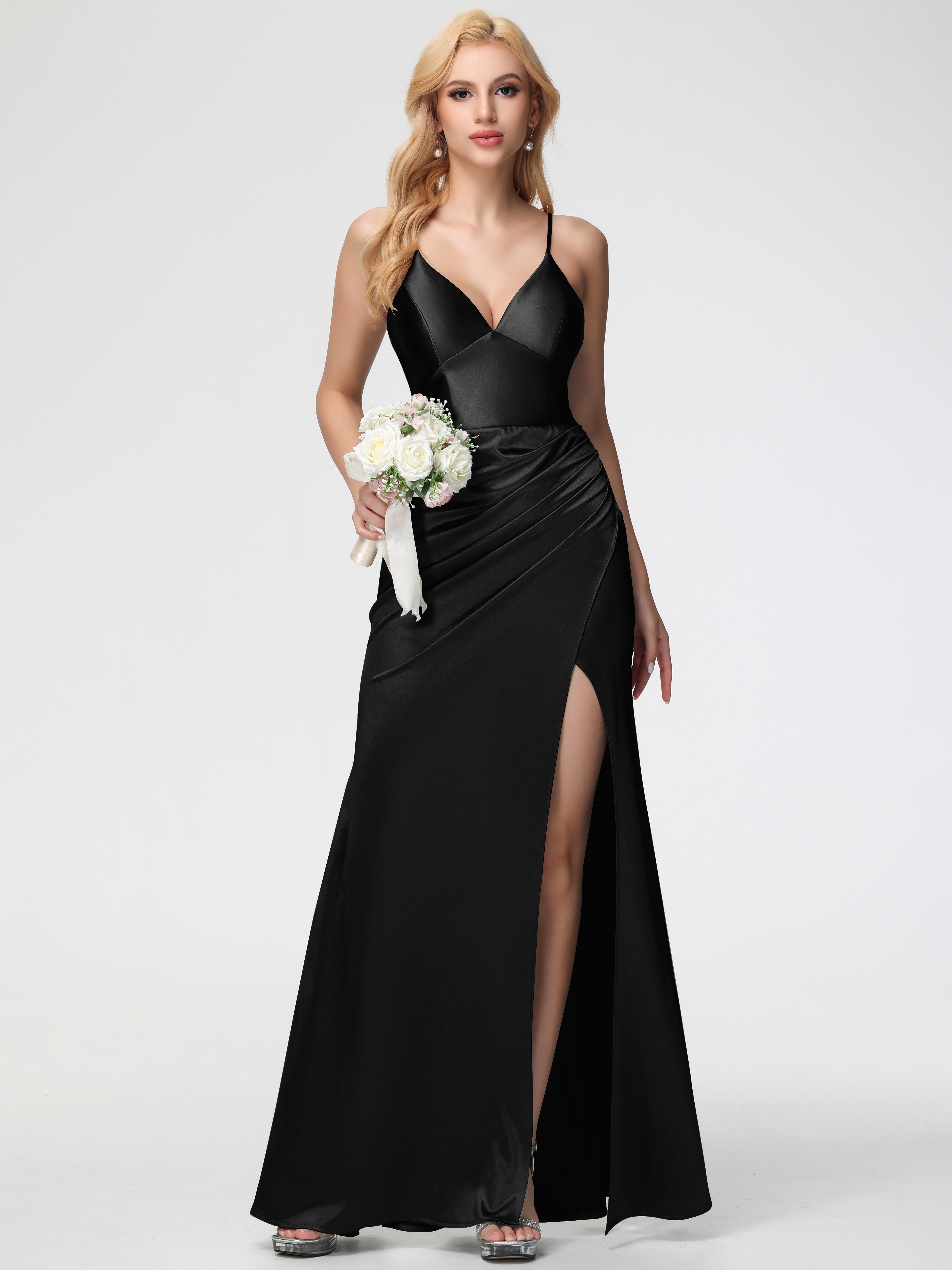 Longues Robes De Demoiselle D'Honneur Noires Col V Bretelles Spaghetti Fendue Fourreau/Colonne Satin Extensible Robe De Demoiselle D'Honneur