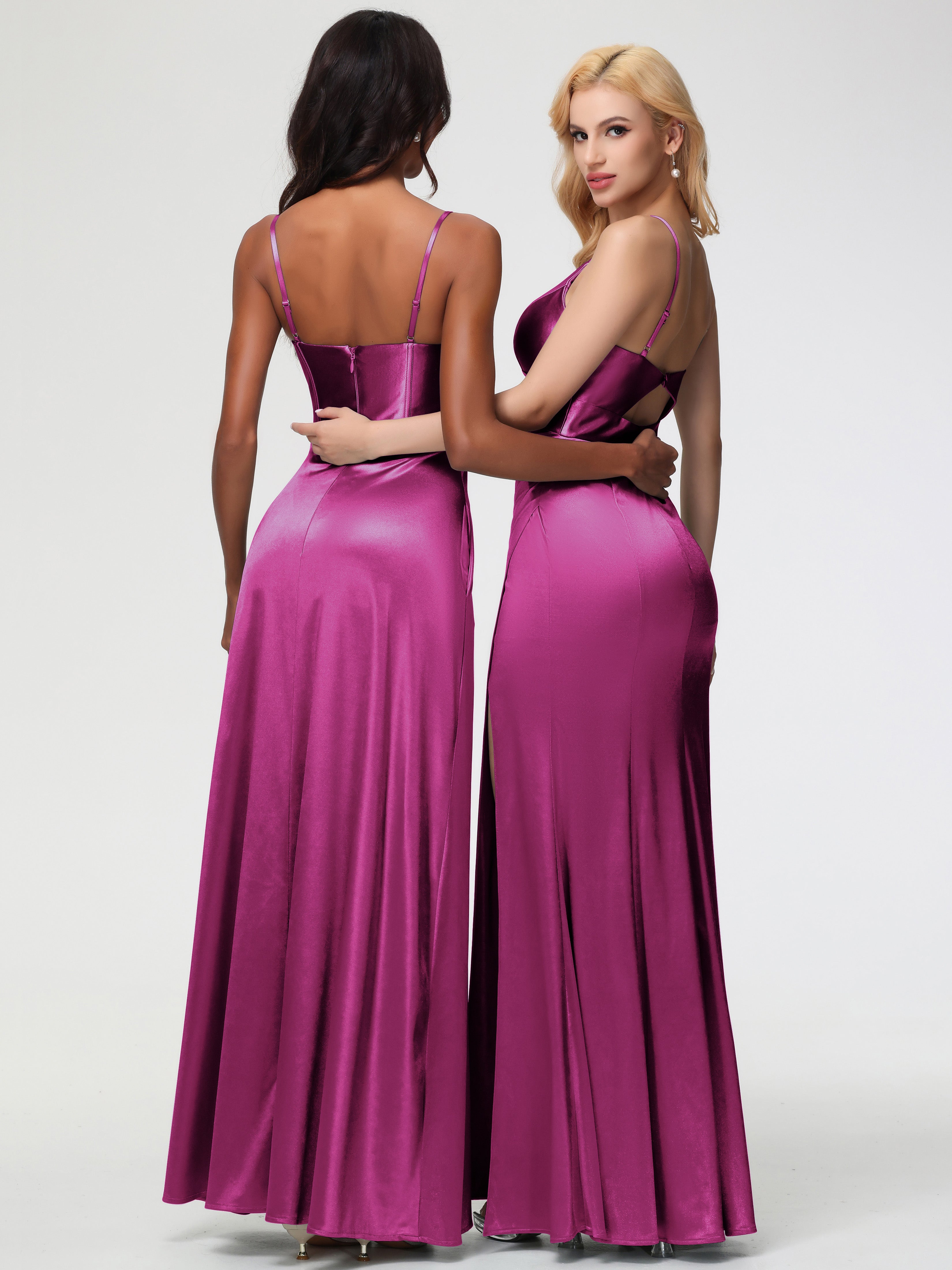Robes De Demoiselle D'Honneur Couleur Rose Fuchsia Col V Bretelles Spaghetti Fendue Fourreau/Colonne Satin Extensible Robe De Demoiselle D'Honneur