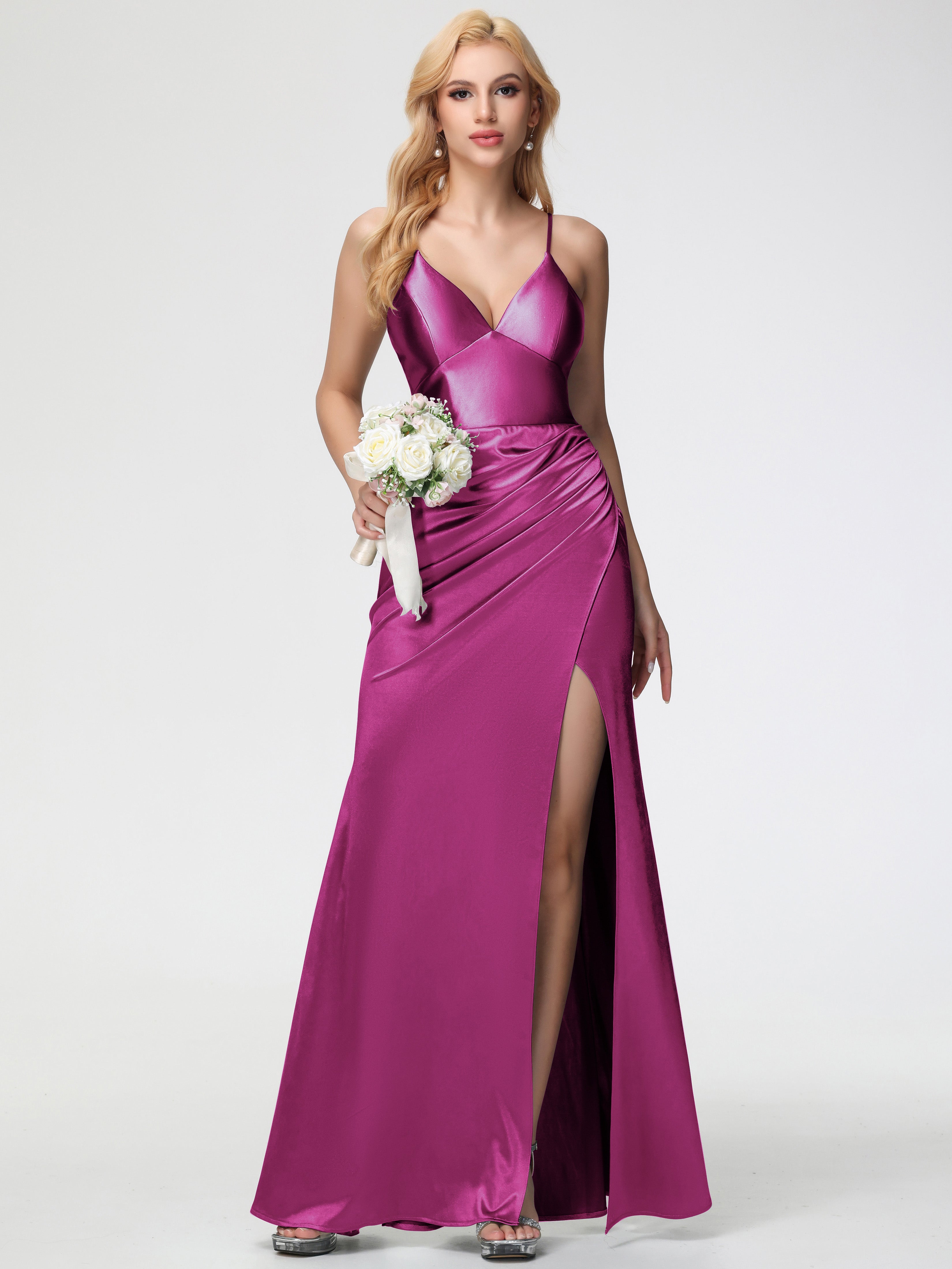 Robes De Demoiselle D'Honneur Couleur Rose Fuchsia Col V Bretelles Spaghetti Fendue Fourreau/Colonne Satin Extensible Robe De Demoiselle D'Honneur