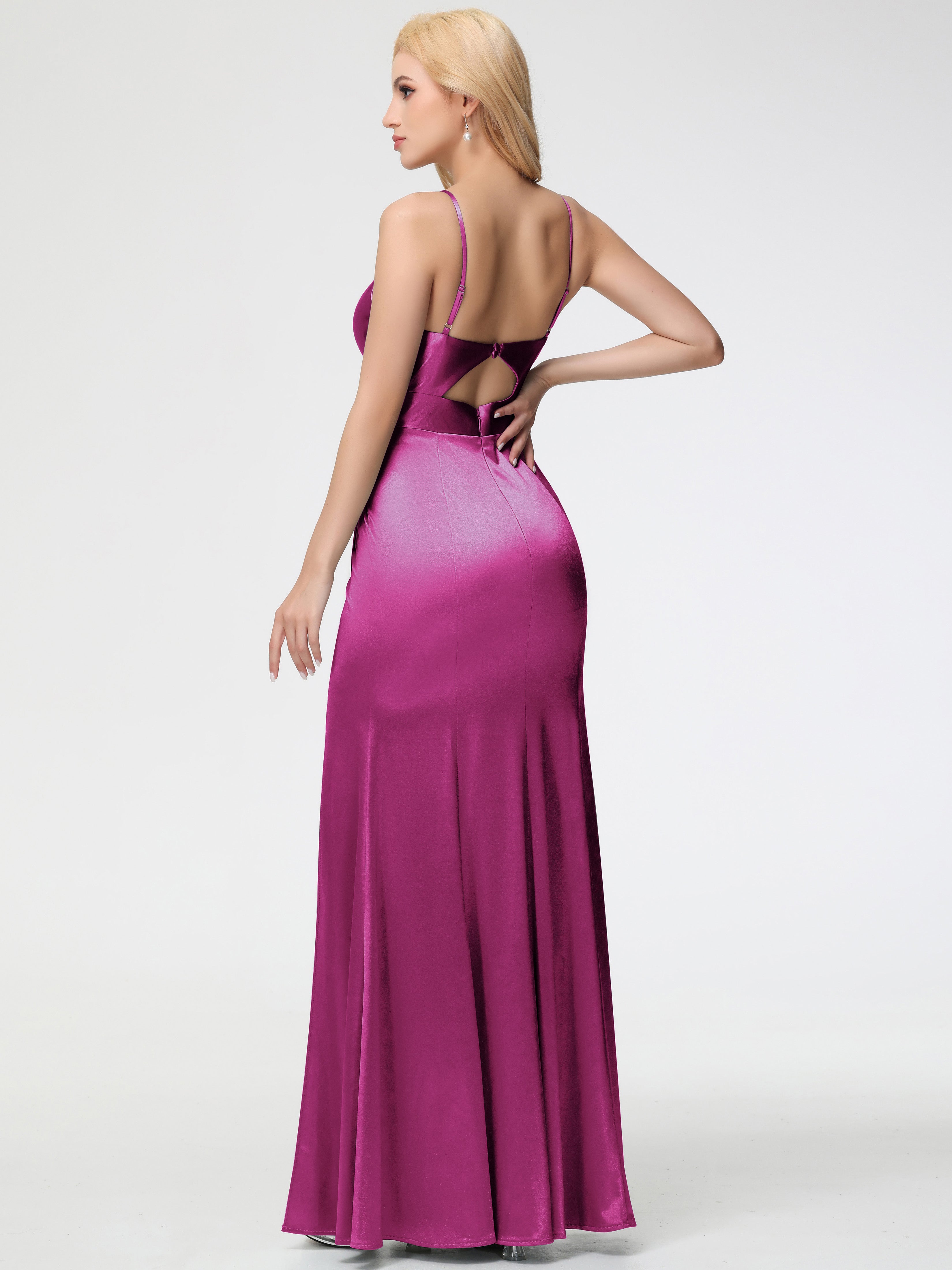 Robes De Demoiselle D'Honneur Couleur Rose Fuchsia Col V Bretelles Spaghetti Fendue Fourreau/Colonne Satin Extensible Robe De Demoiselle D'Honneur