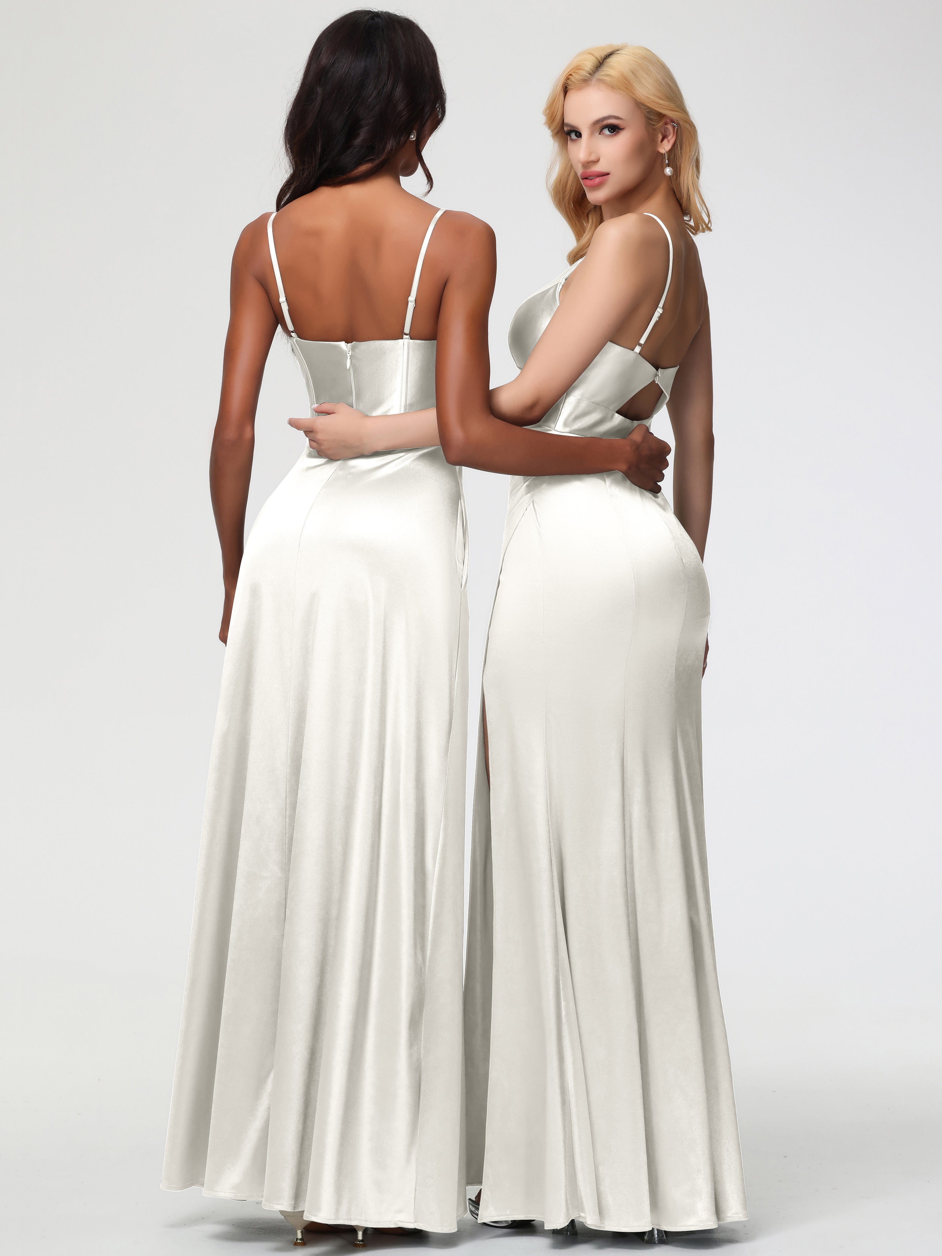 Robes De Demoiselle D'Honneur Ivoire Col V Bretelles Spaghetti Fendue Fourreau/Colonne Satin Extensible Robe De Demoiselle D'Honneur