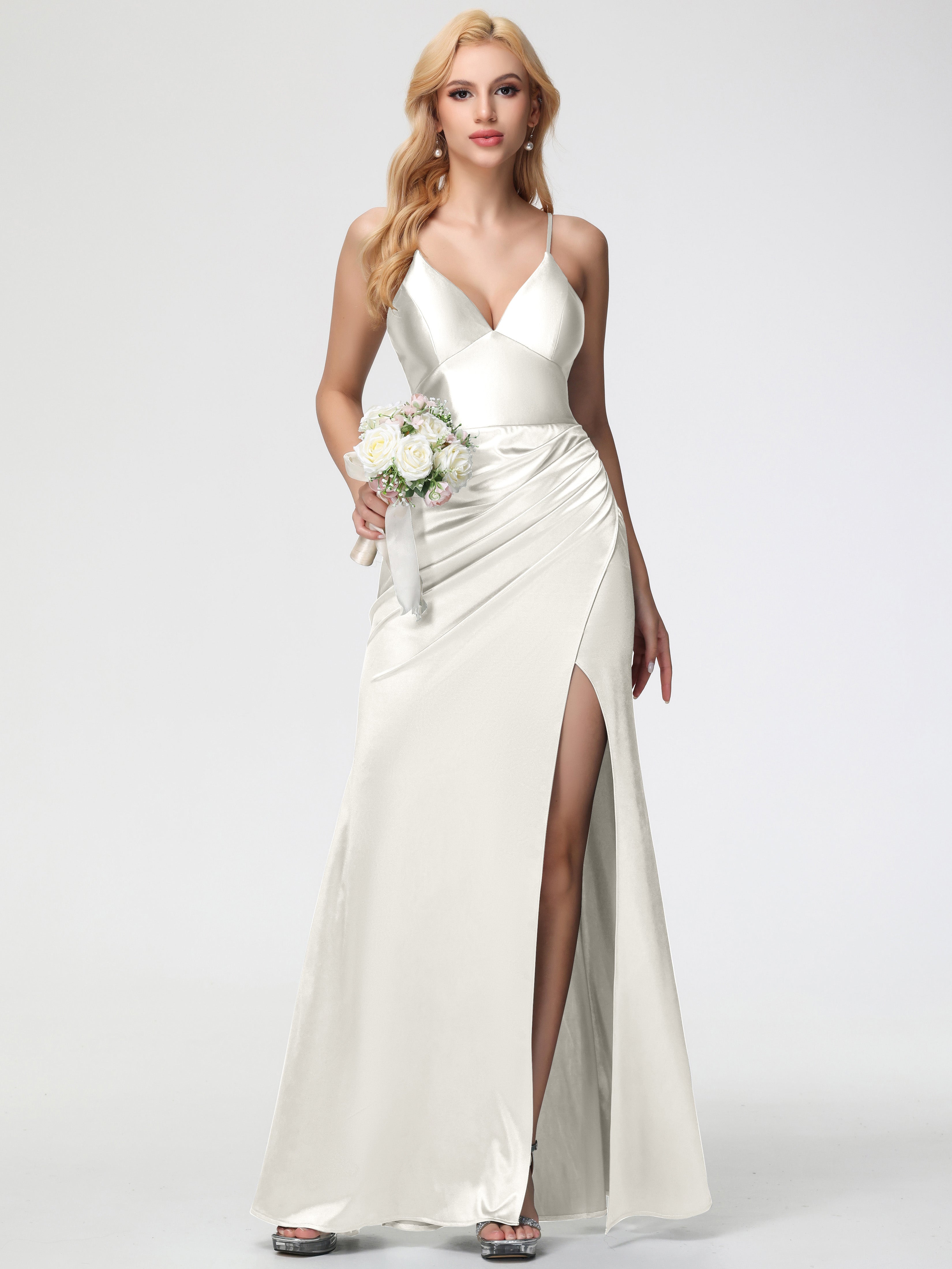 Robes De Demoiselle D'Honneur Ivoire Col V Bretelles Spaghetti Fendue Fourreau/Colonne Satin Extensible Robe De Demoiselle D'Honneur