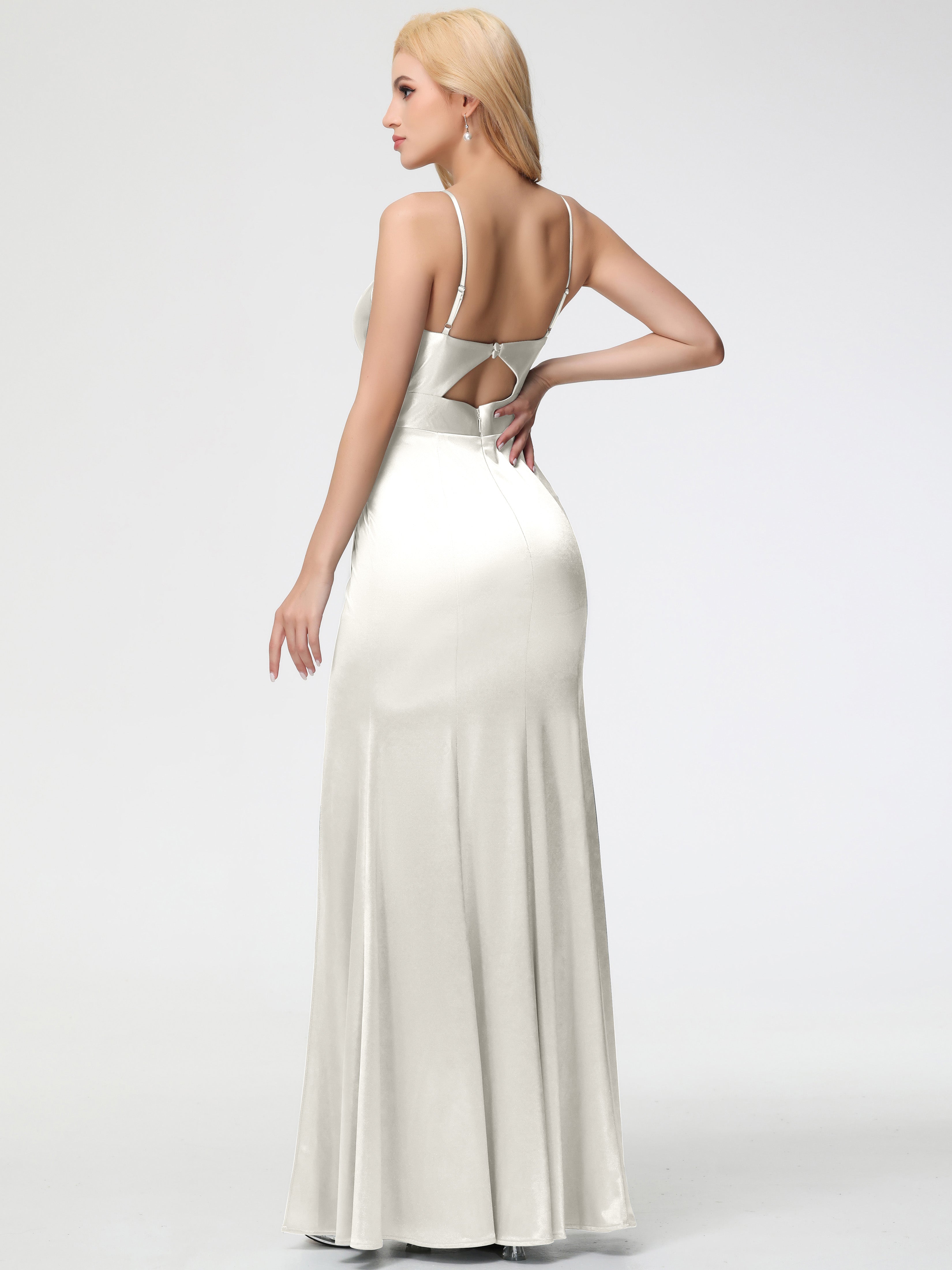 Robes De Demoiselle D'Honneur Ivoire Col V Bretelles Spaghetti Fendue Fourreau/Colonne Satin Extensible Robe De Demoiselle D'Honneur