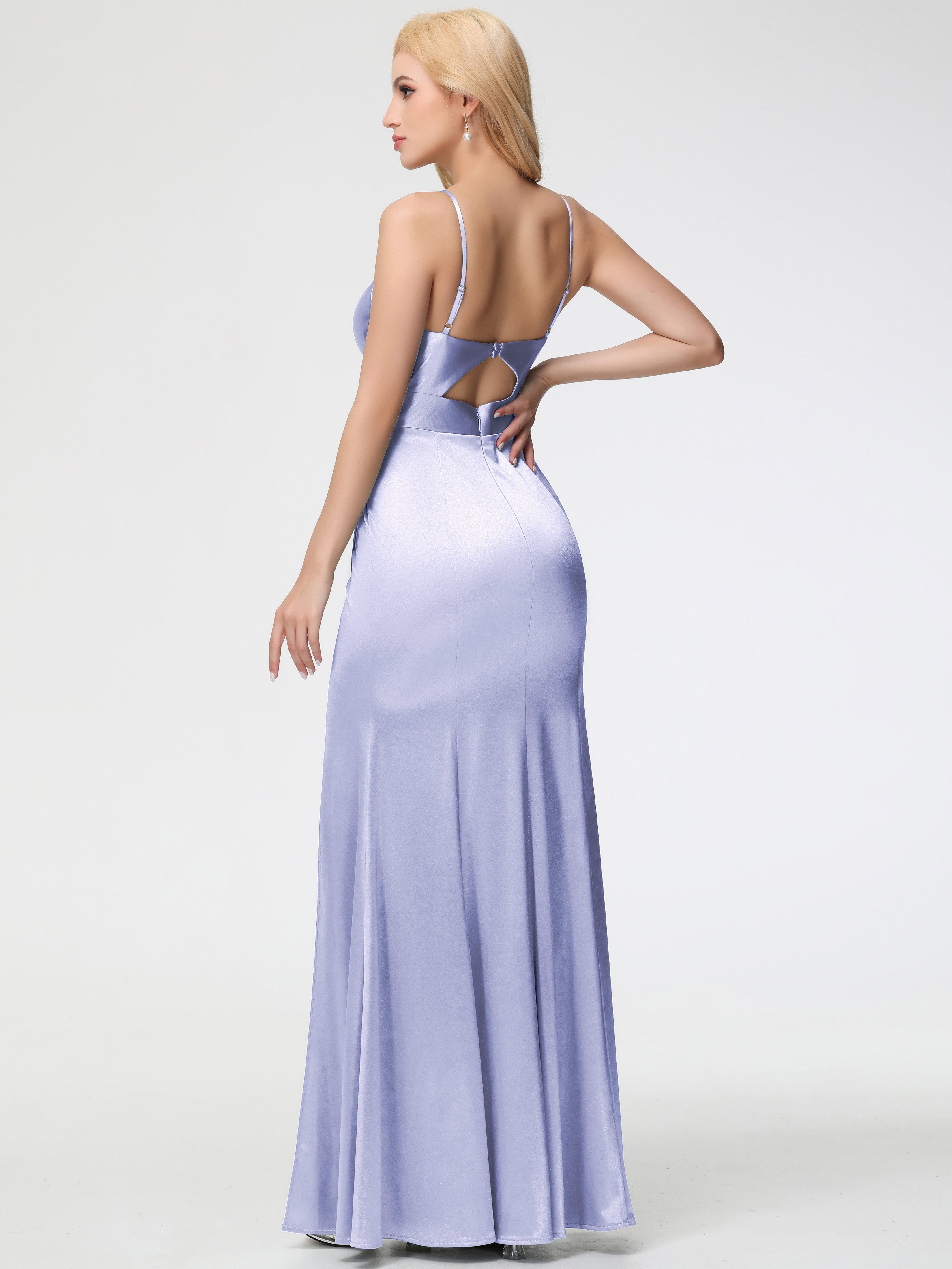 Robe De Demoiselle D'Honneur Lavande Col V Bretelles Spaghetti Fendue Fourreau/Colonne Satin Extensible Robe De Demoiselle D'Honneur