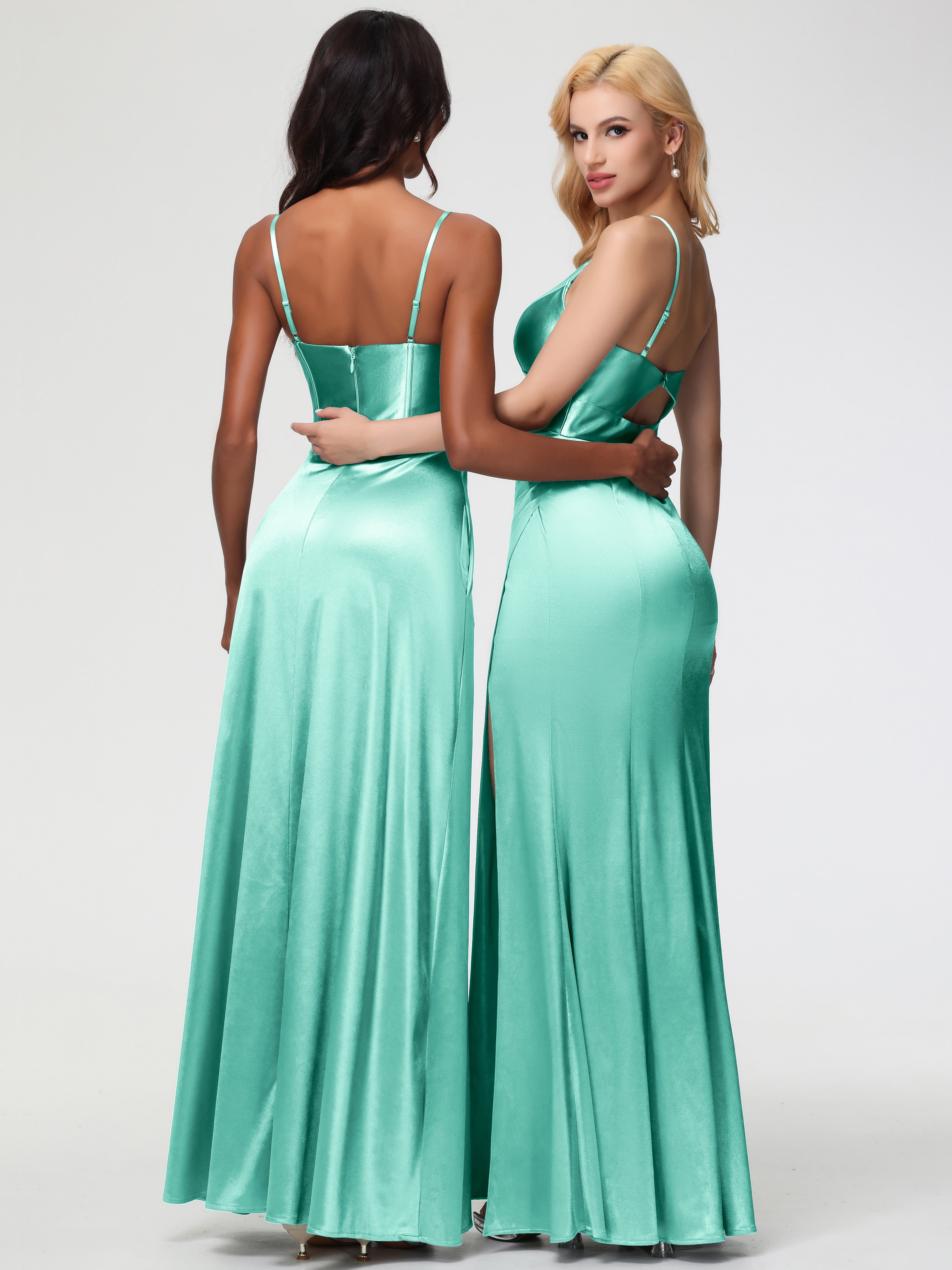 Robes De Demoiselle D'Honneur Vert Menthe Col V Bretelles Spaghetti Fendue Fourreau/Colonne Satin Extensible Robe De Demoiselle D'Honneur