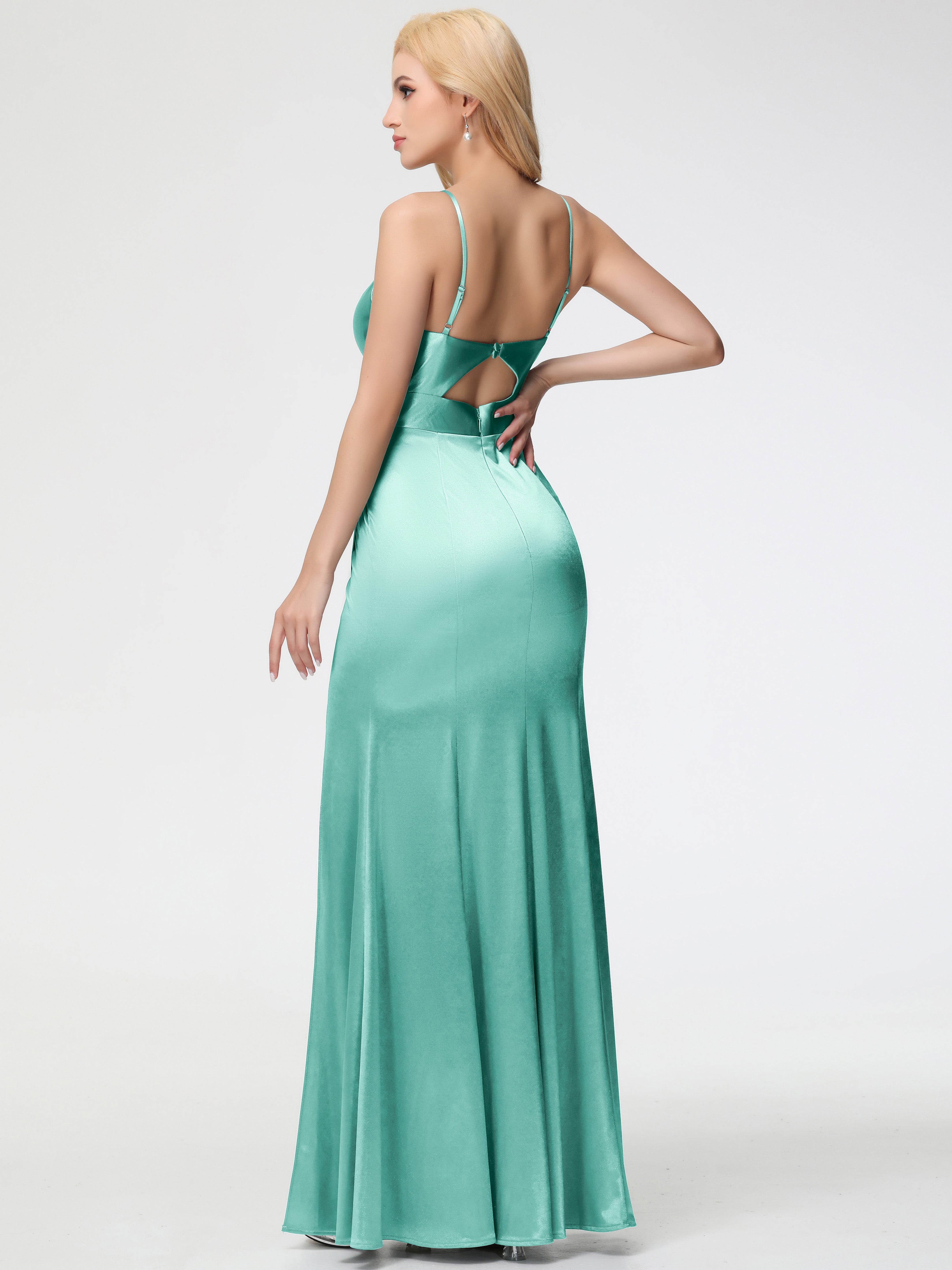 Robes De Demoiselle D'Honneur Vert Menthe Col V Bretelles Spaghetti Fendue Fourreau/Colonne Satin Extensible Robe De Demoiselle D'Honneur