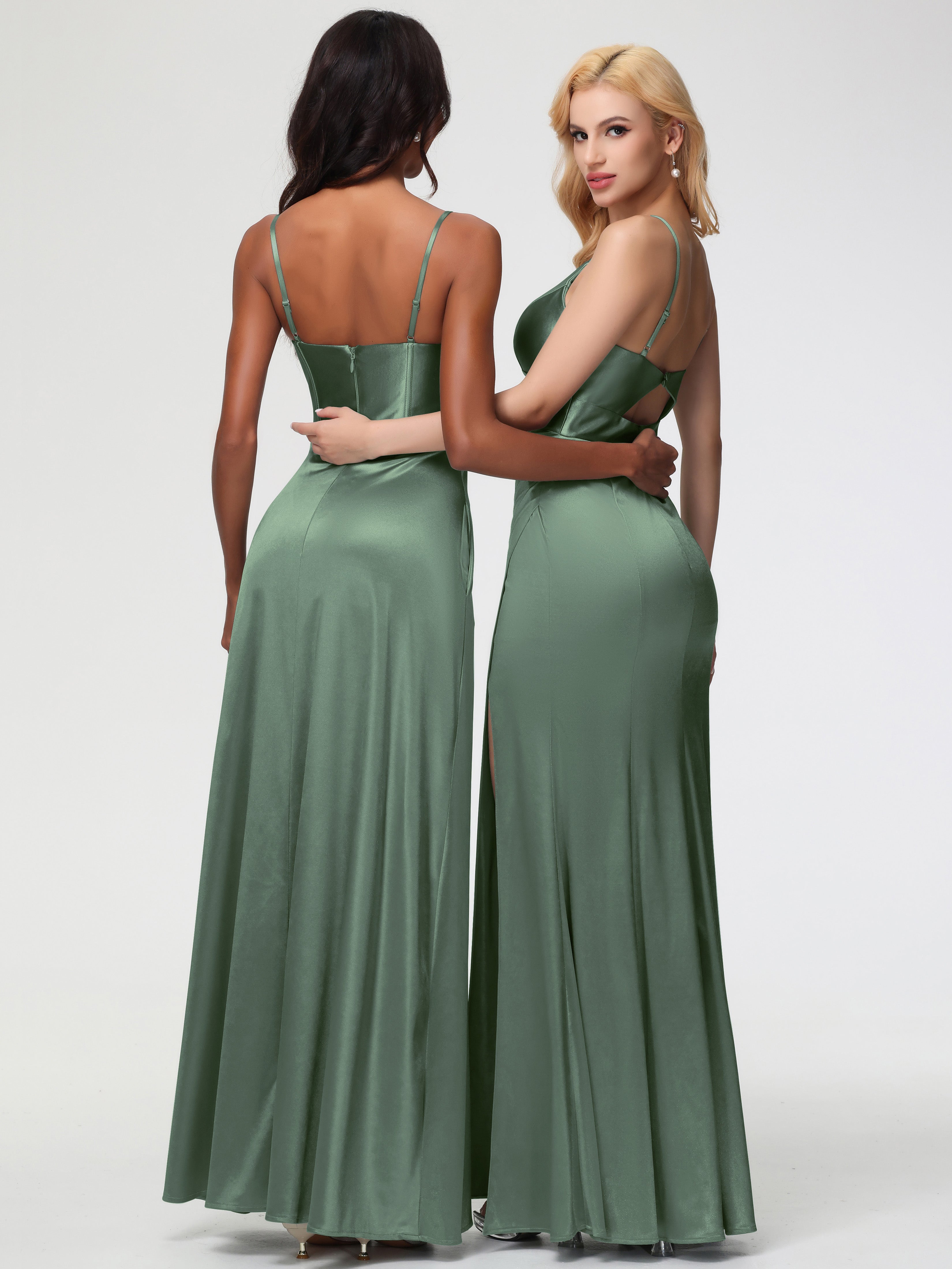 Robes De Demoiselle D'Honneur Vert Olive Col V Bretelles Spaghetti Fendue Fourreau/Colonne Satin Extensible Robe De Demoiselle D'Honneur