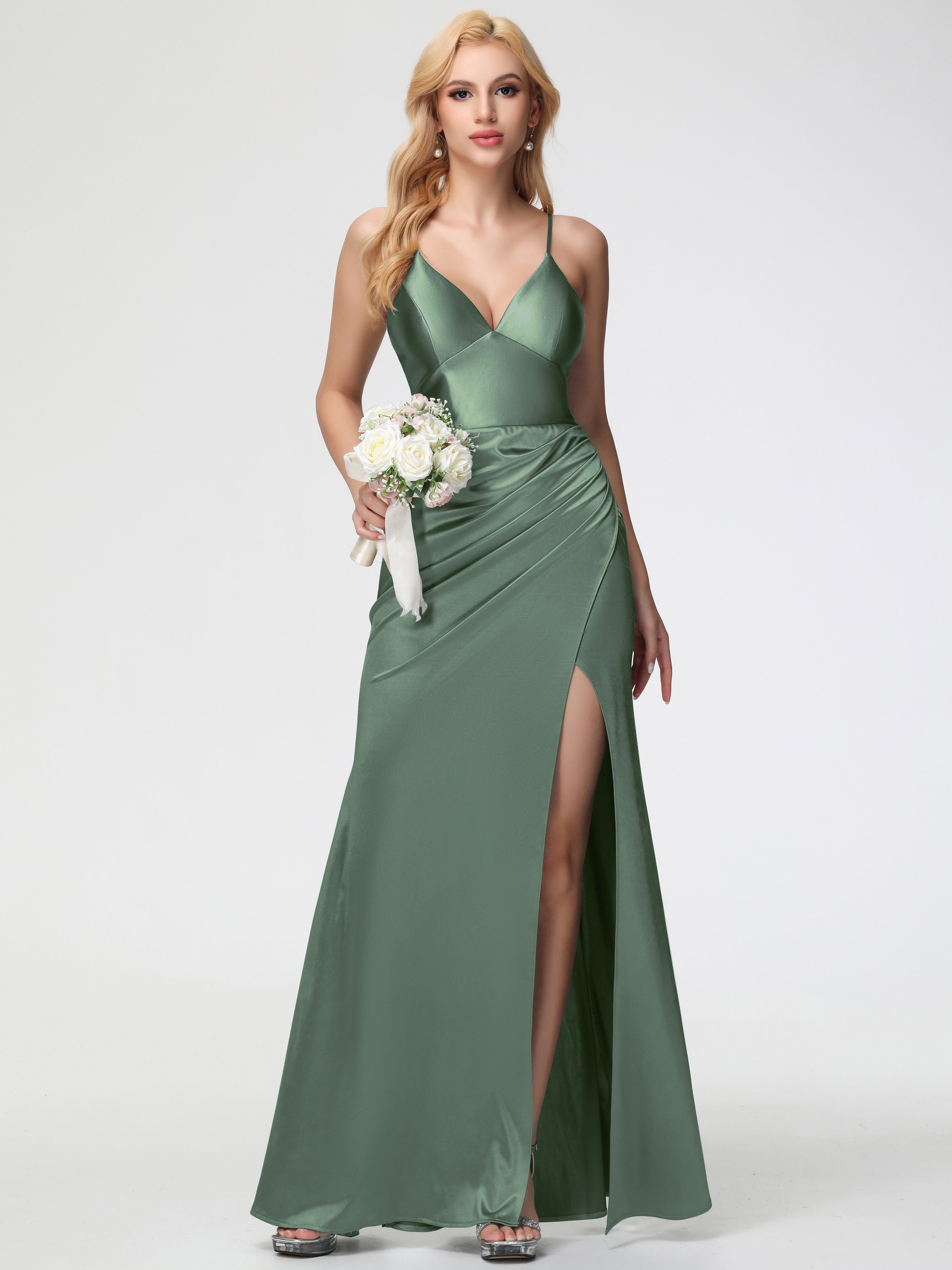 Robes De Demoiselle D'Honneur Vert Olive Col V Bretelles Spaghetti Fendue Fourreau/Colonne Satin Extensible Robe De Demoiselle D'Honneur