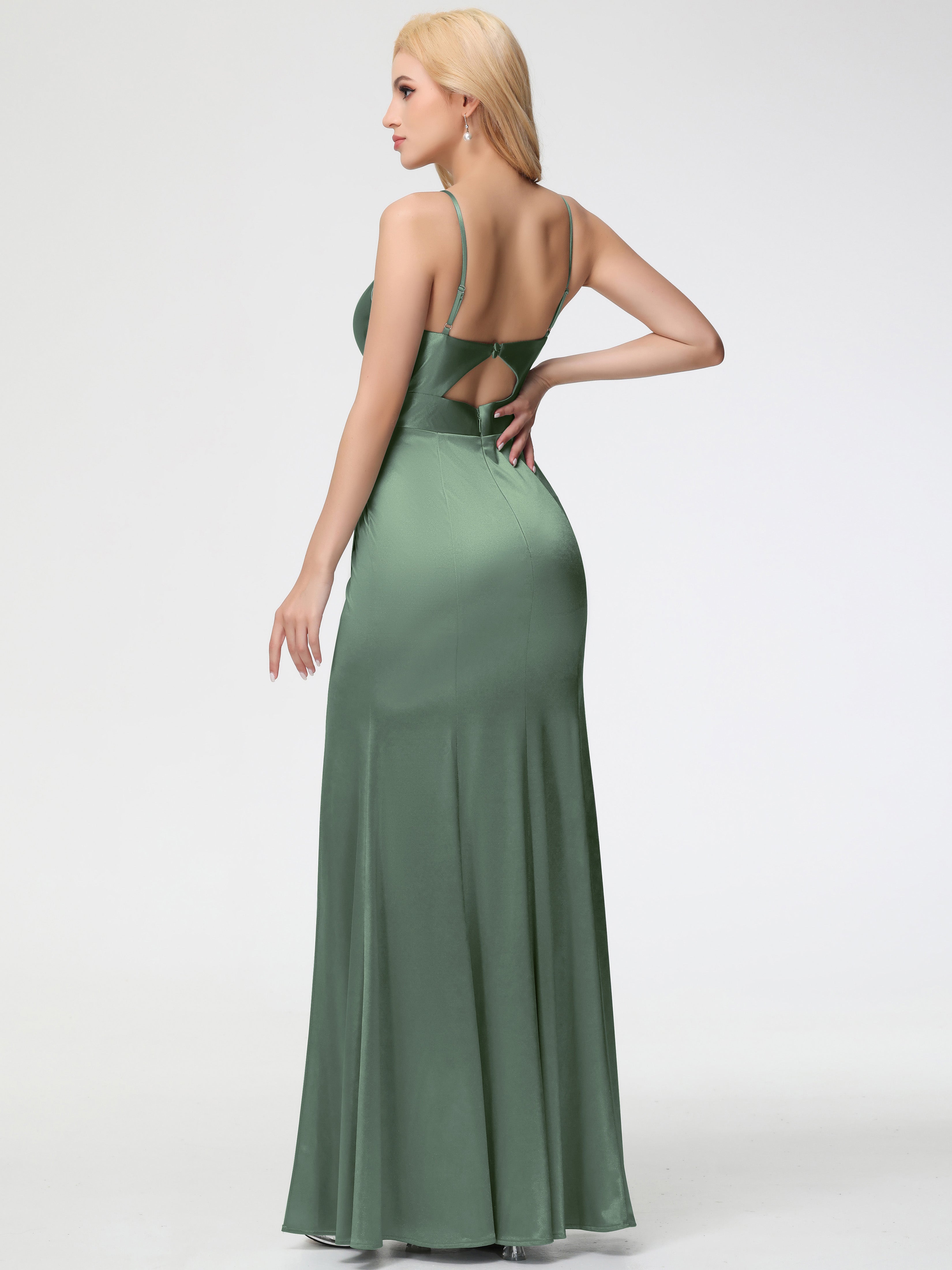 Robes De Demoiselle D'Honneur Vert Olive Col V Bretelles Spaghetti Fendue Fourreau/Colonne Satin Extensible Robe De Demoiselle D'Honneur