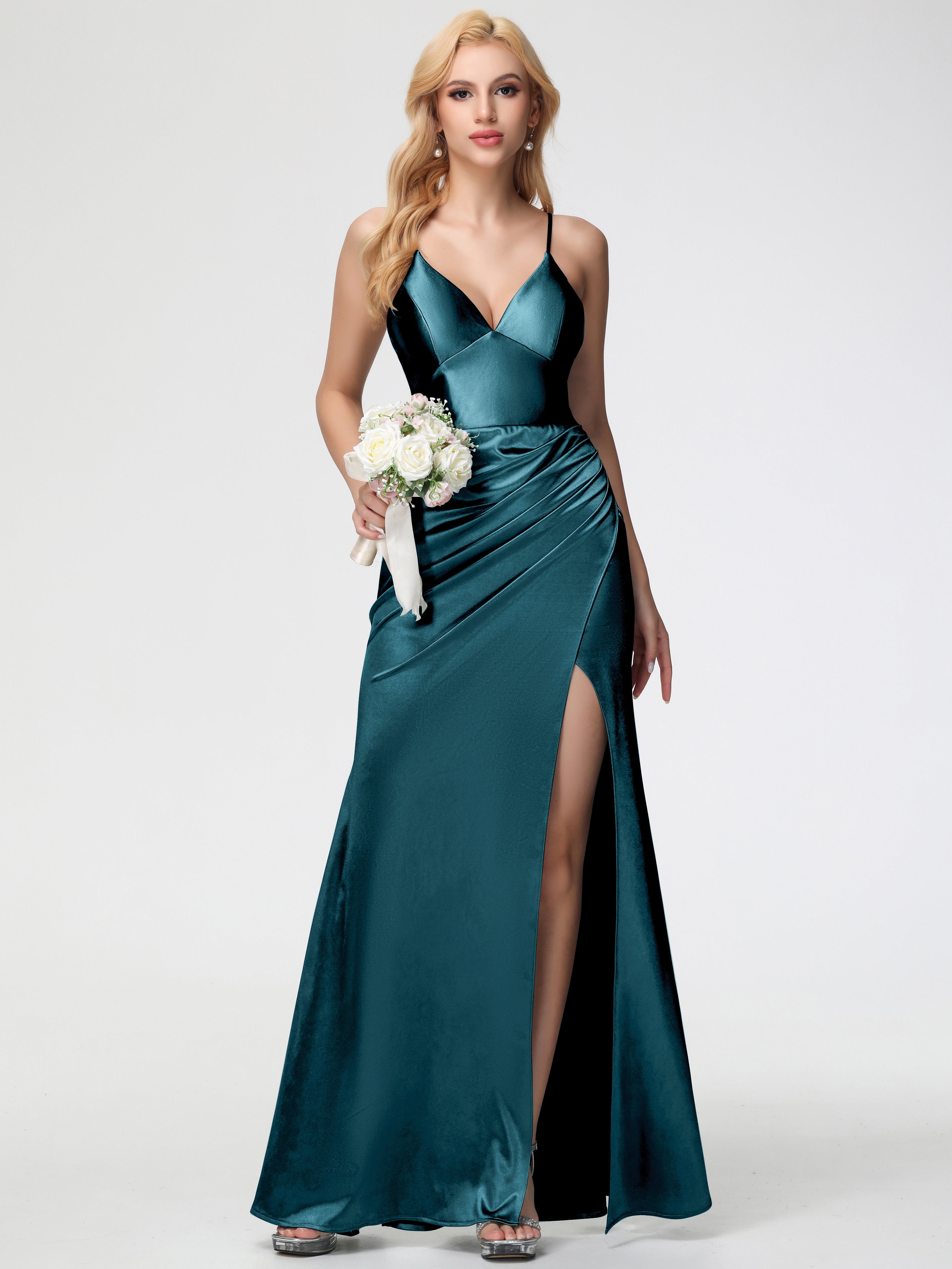 Robes De Demoiselle D'Honneur Bleu Paon Col V Bretelles Spaghetti Fendue Fourreau/Colonne Satin Extensible Robe De Demoiselle D'Honneur