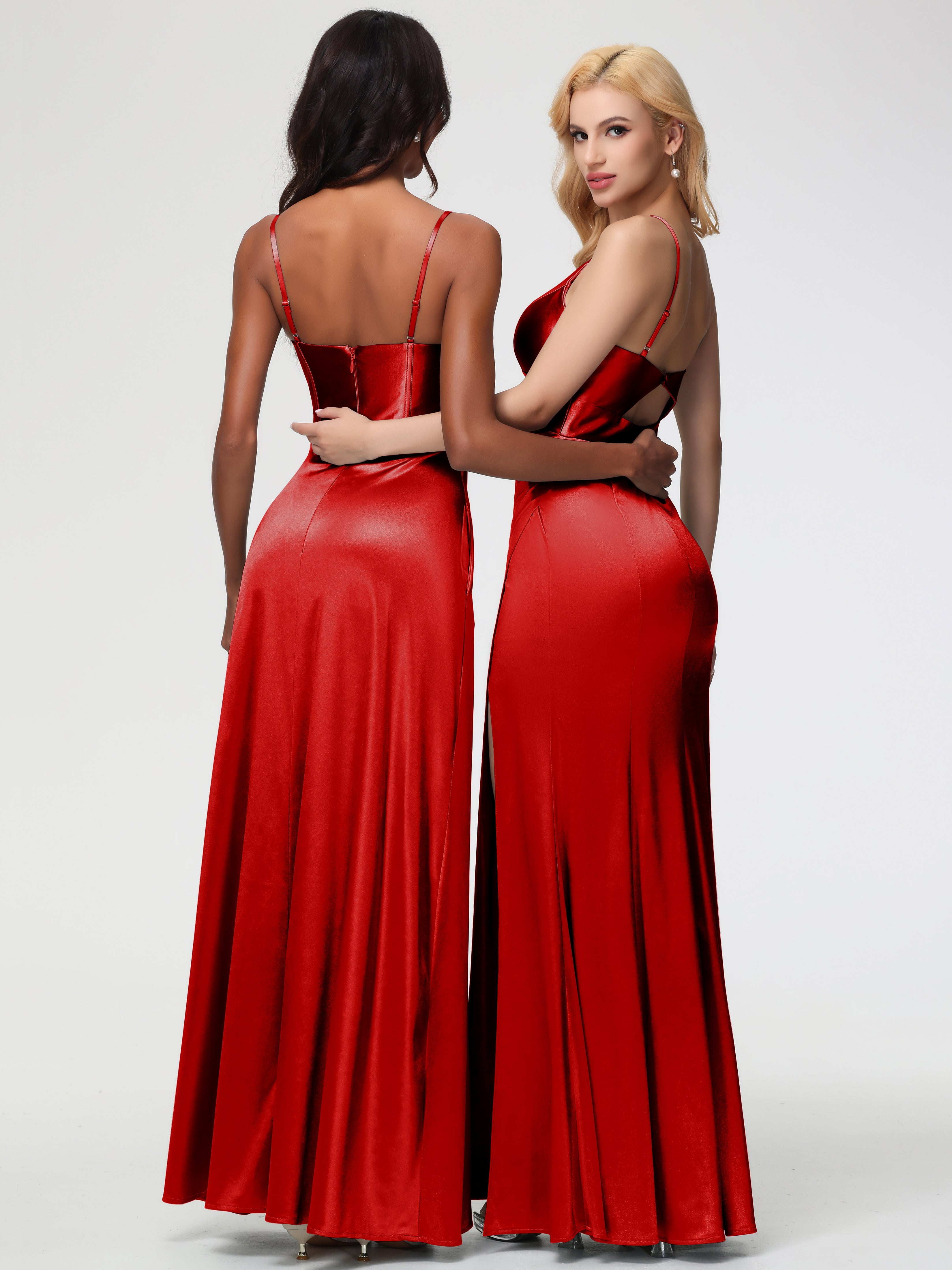 Robe Rouge Demoiselle D Honneur Pas Cher Col V Bretelles Spaghetti Fendue Fourreau/Colonne Satin Extensible Robe De Demoiselle D'Honneur