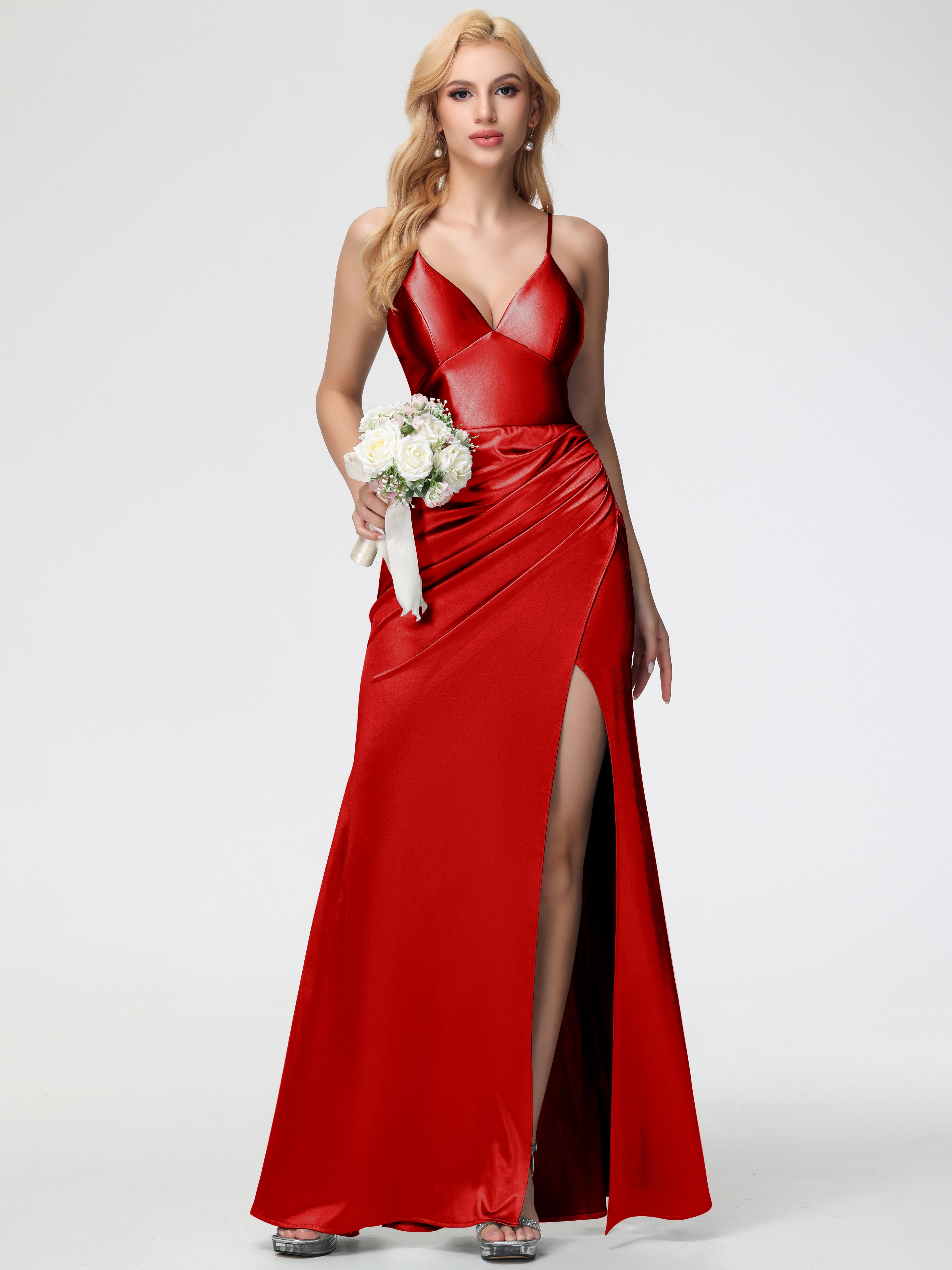 Robe Rouge Demoiselle D Honneur Pas Cher Col V Bretelles Spaghetti Fendue Fourreau/Colonne Satin Extensible Robe De Demoiselle D'Honneur