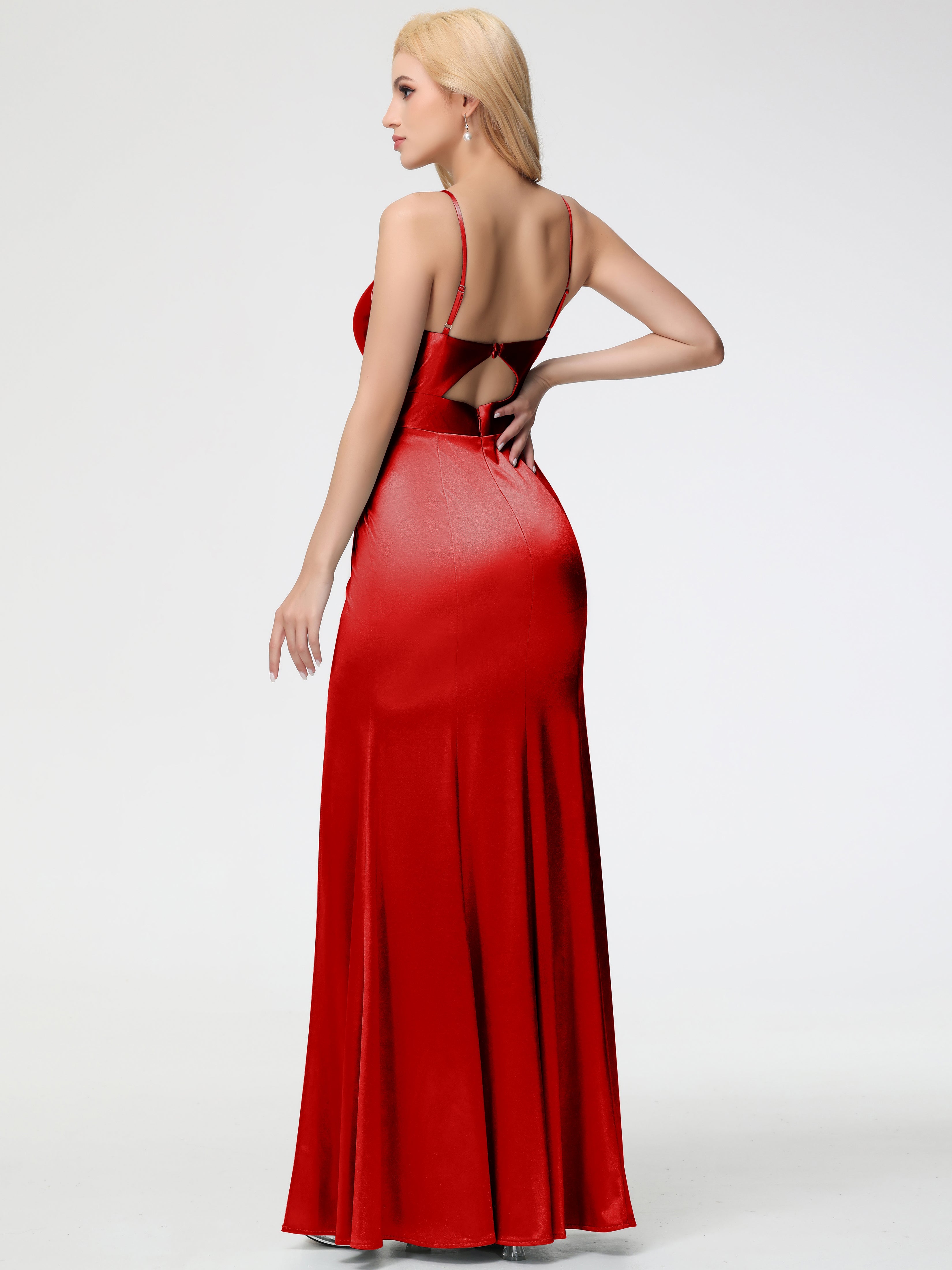 Robe Rouge Demoiselle D Honneur Pas Cher Col V Bretelles Spaghetti Fendue Fourreau/Colonne Satin Extensible Robe De Demoiselle D'Honneur