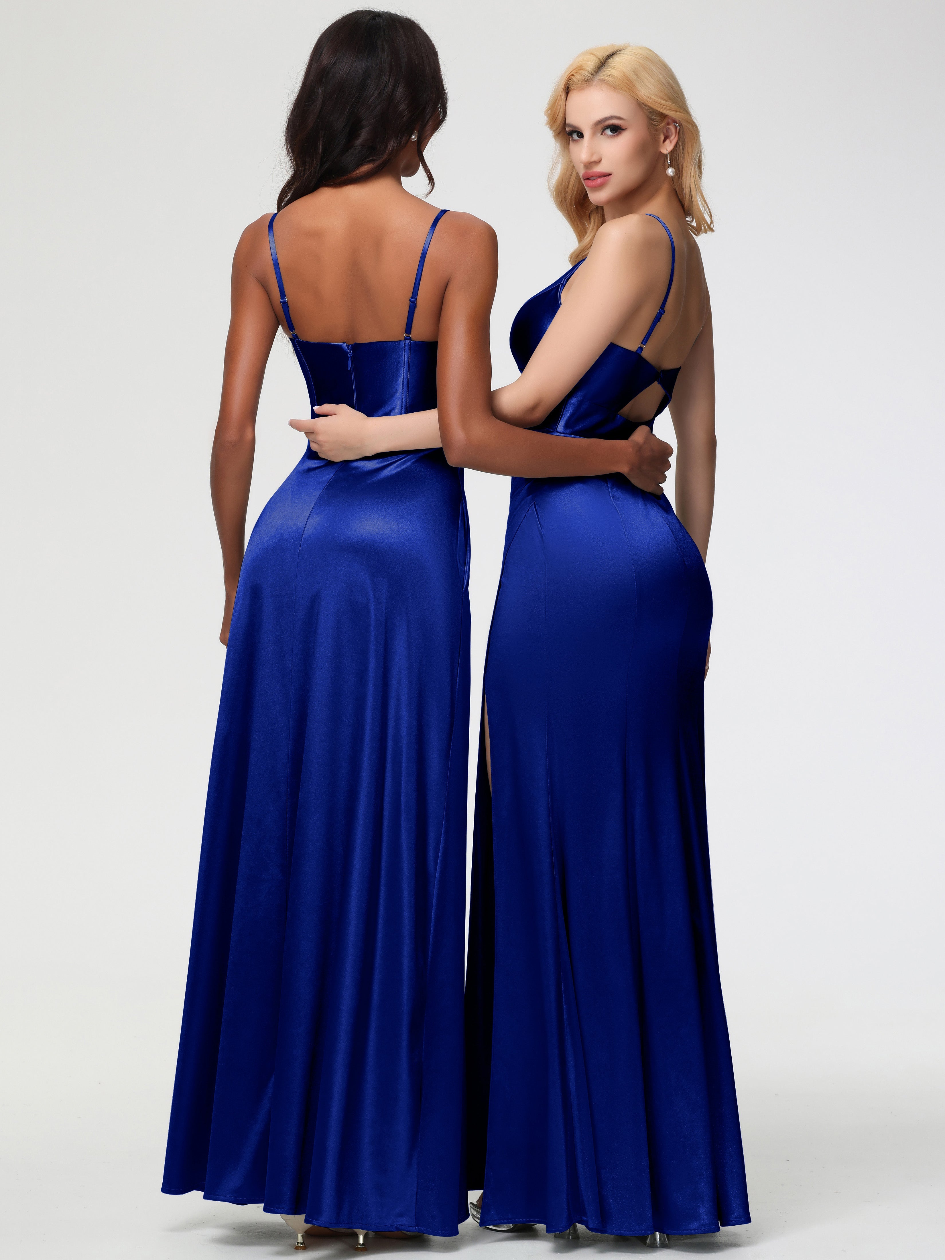 Demoiselle D'Honneur Bleu Royal Col V Bretelles Spaghetti Fendue Fourreau/Colonne Satin Extensible Robe De Demoiselle D'Honneur