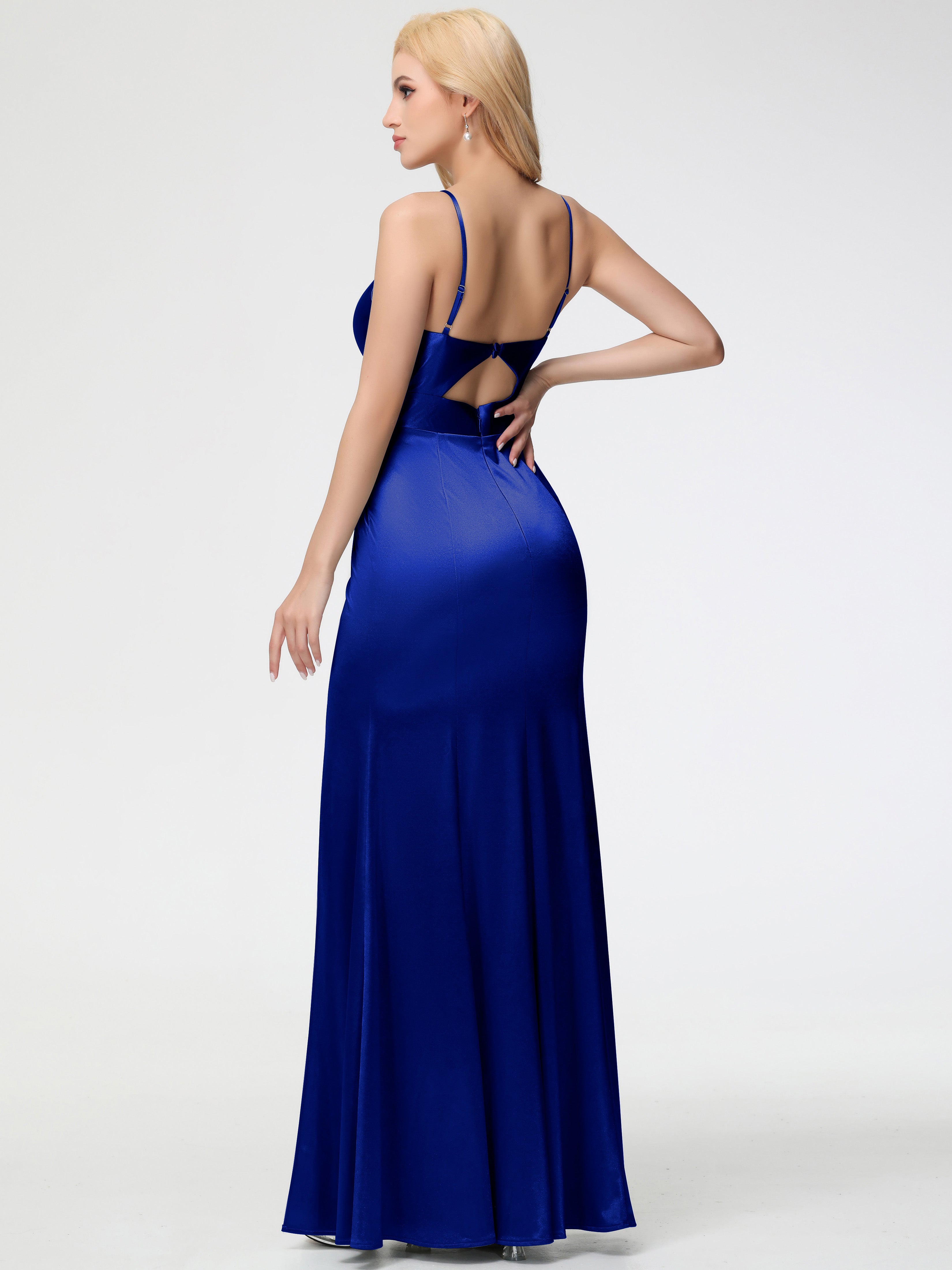 Demoiselle D'Honneur Bleu Royal Col V Bretelles Spaghetti Fendue Fourreau/Colonne Satin Extensible Robe De Demoiselle D'Honneur