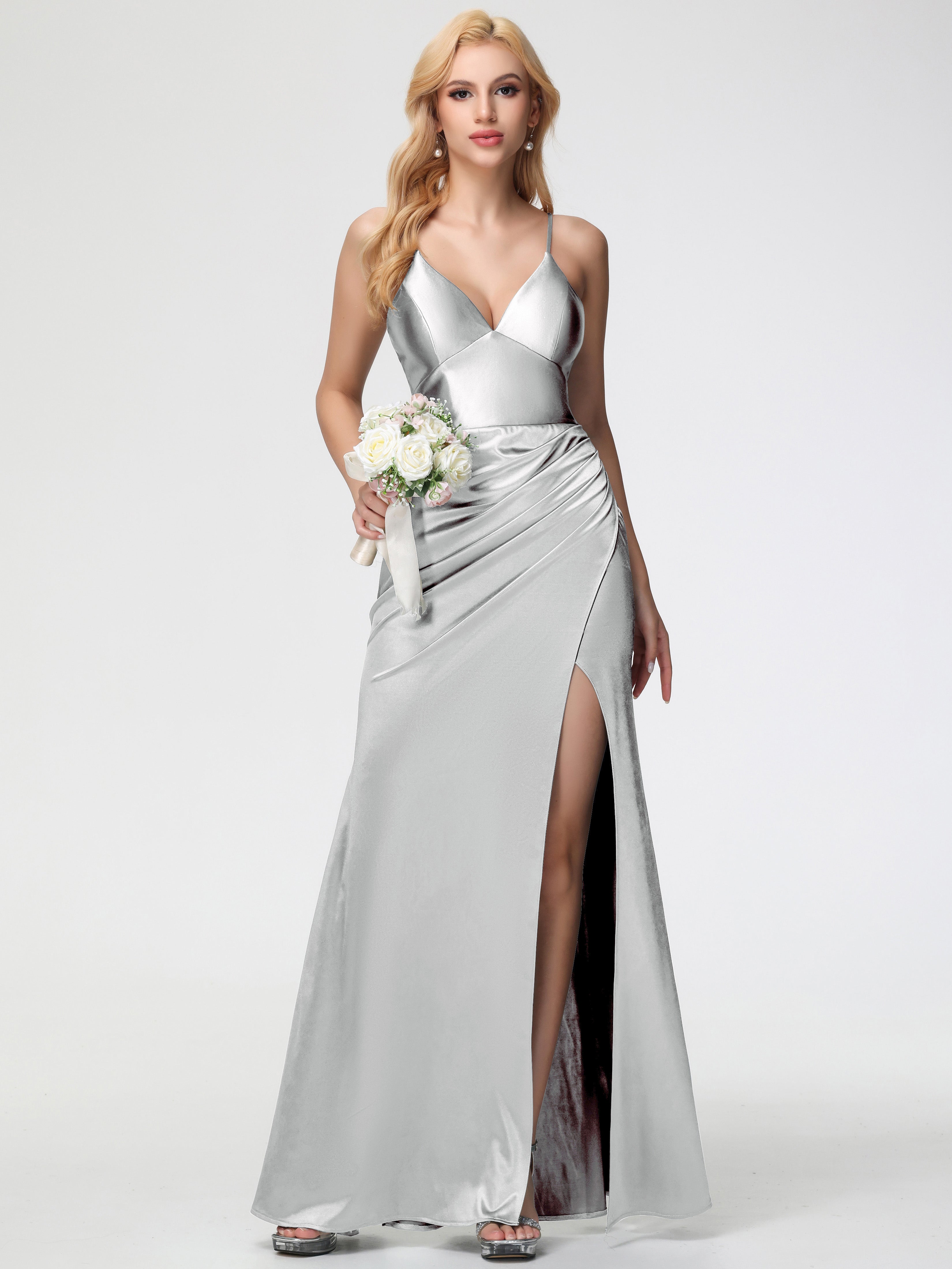 Robes De Demoiselle D'Honneur En Argent Col V Bretelles Spaghetti Fendue Fourreau/Colonne Satin Extensible Robe De Demoiselle D'Honneur