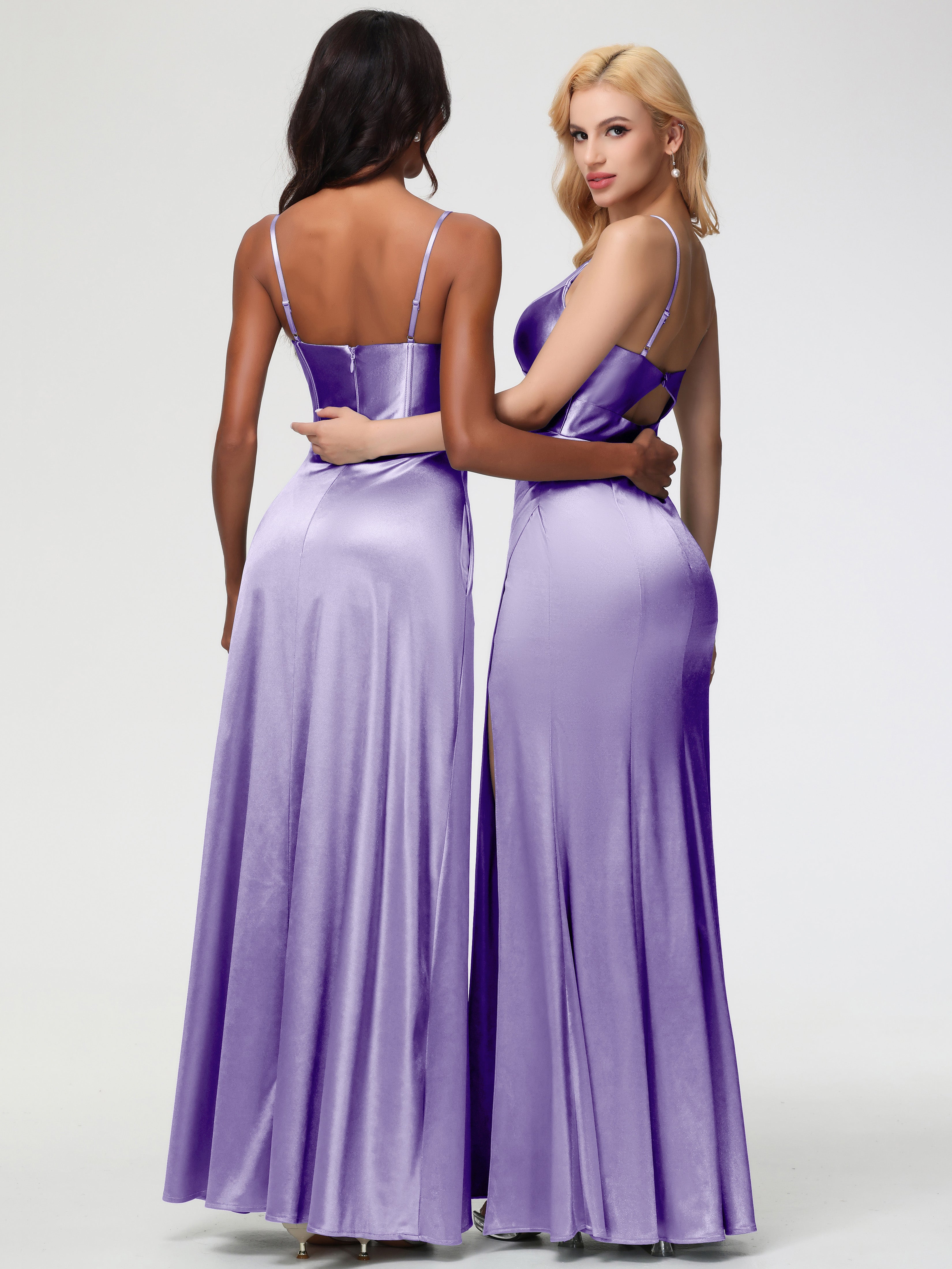 Robes De Demoiselle D'Honneur Tahiti Col V Bretelles Spaghetti Fendue Fourreau/Colonne Satin Extensible Robe De Demoiselle D'Honneur