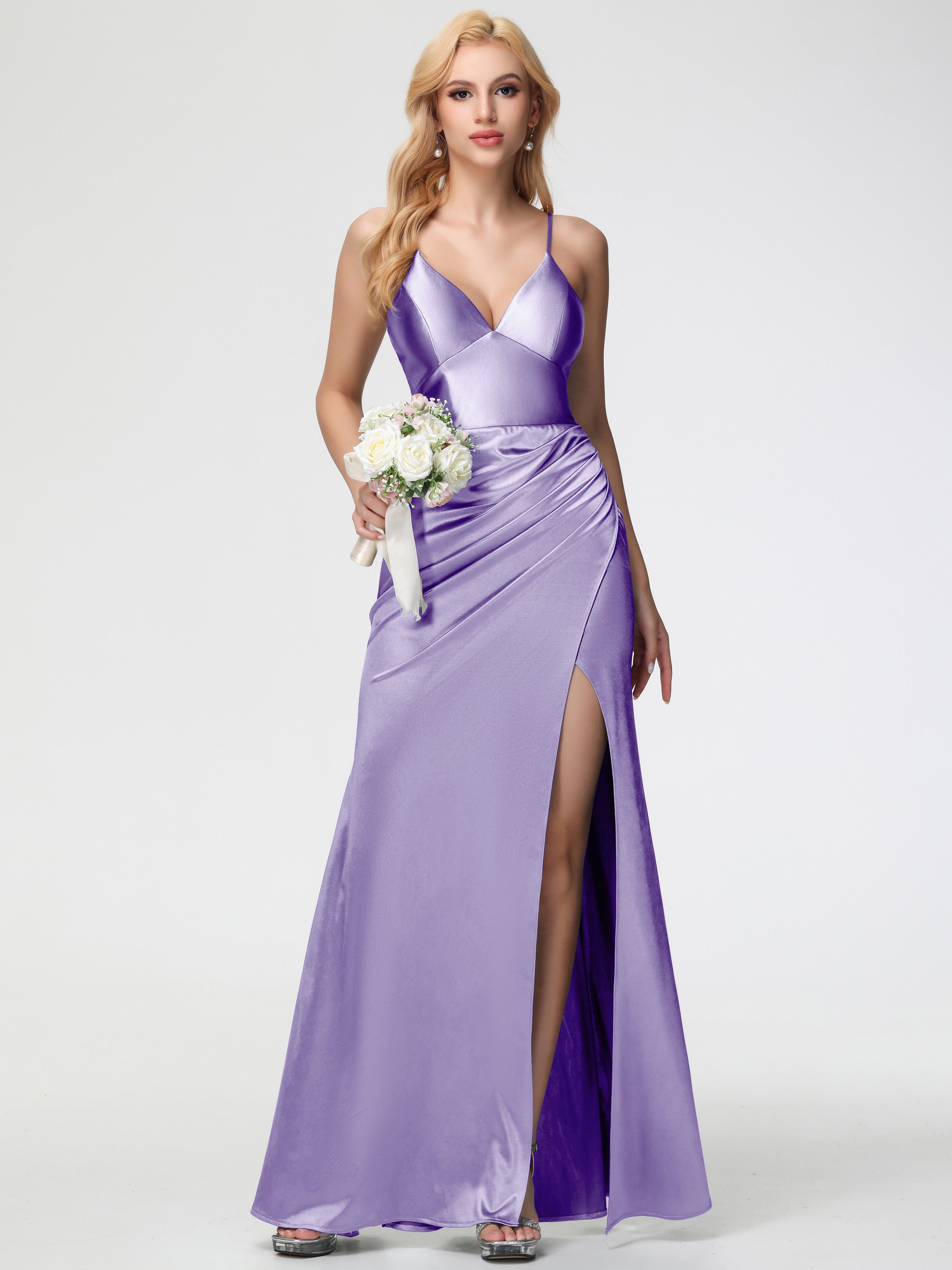 Robes De Demoiselle D'Honneur Tahiti Col V Bretelles Spaghetti Fendue Fourreau/Colonne Satin Extensible Robe De Demoiselle D'Honneur