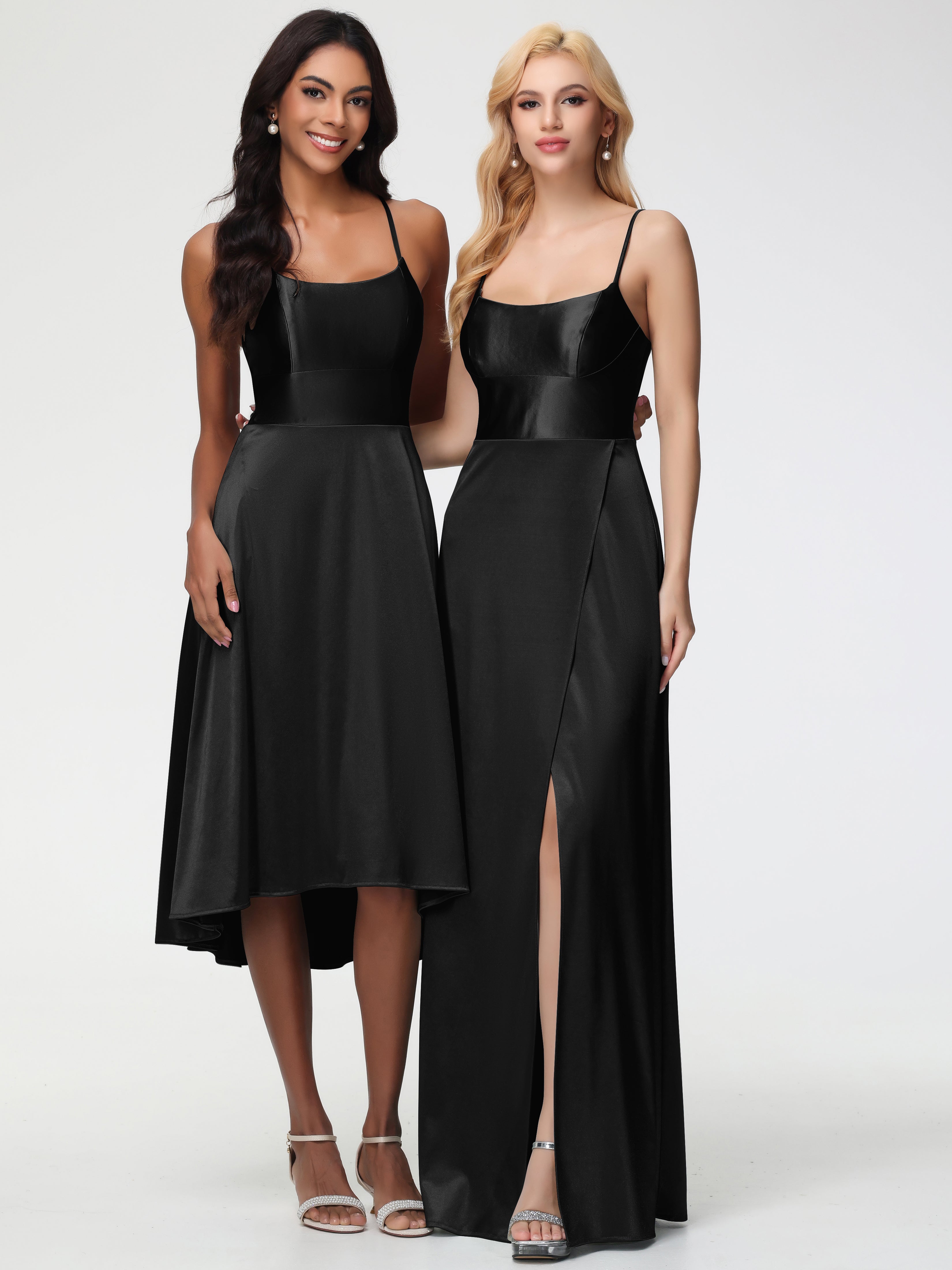 Robes De Demoiselle D'Honneur Noires Bretelles Spaghetti Col Carré Fendue Trapèze Satin Extensible Robe De Demoiselle D'Honneur