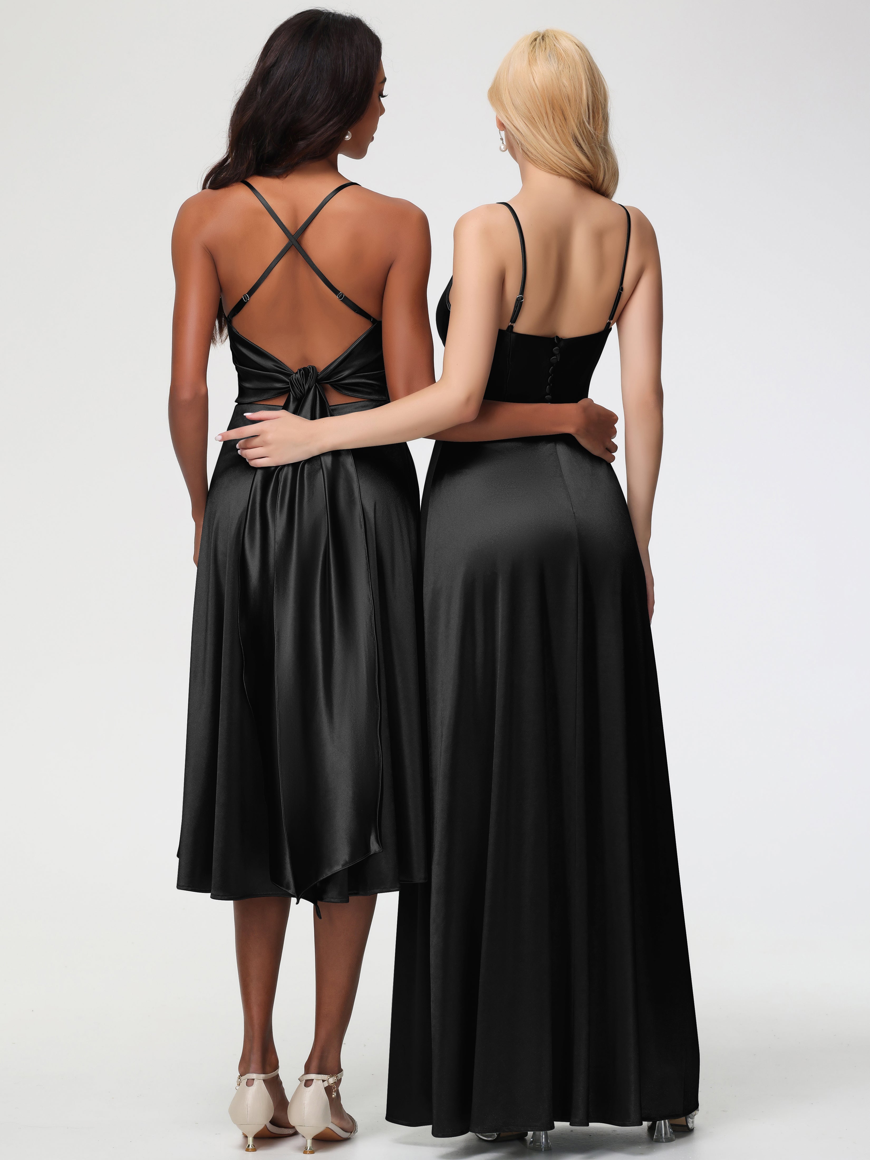 Robes De Demoiselle D'Honneur Noires Bretelles Spaghetti Col Carré Fendue Trapèze Satin Extensible Robe De Demoiselle D'Honneur