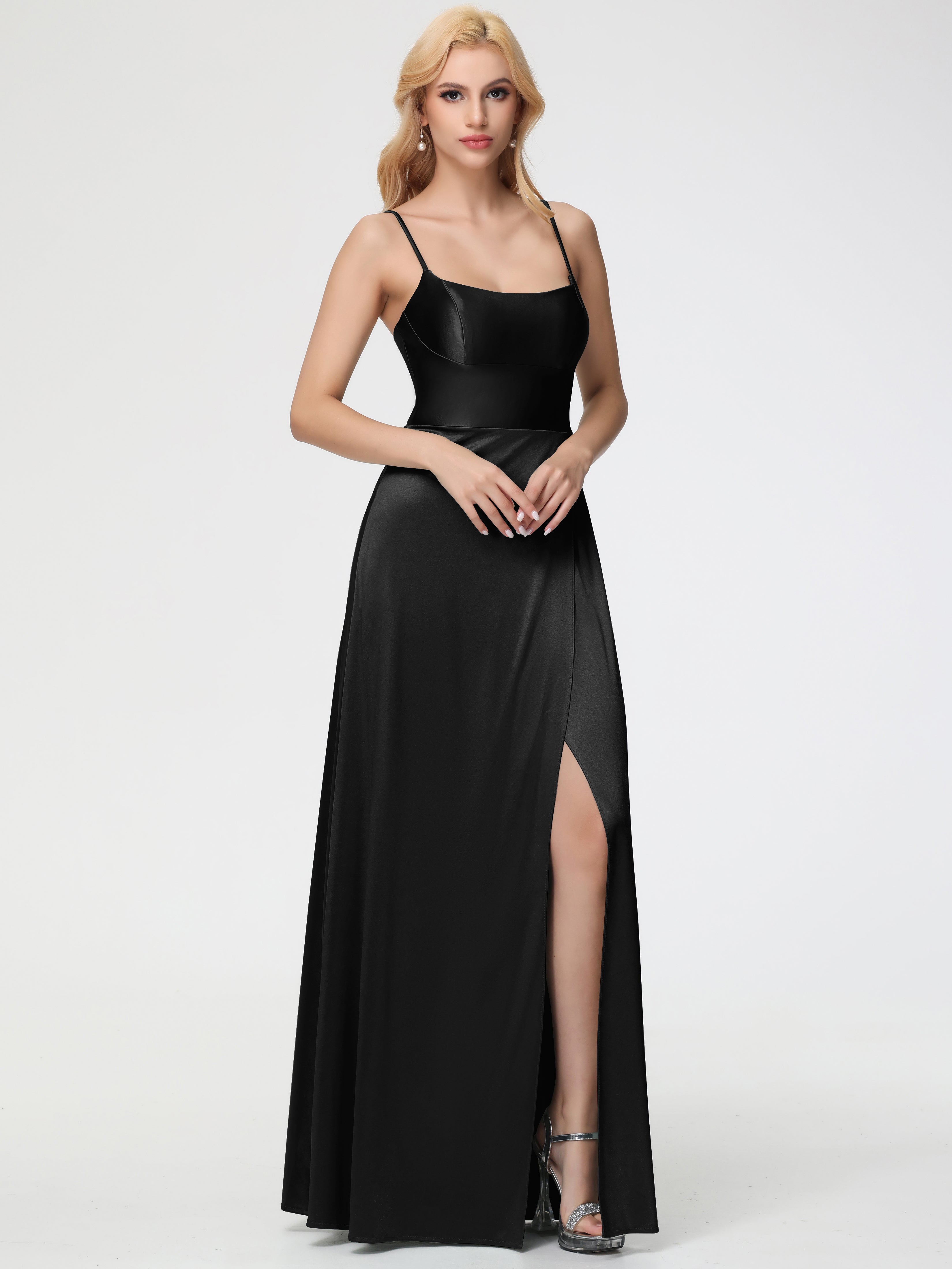 Robes De Demoiselle D'Honneur Noires Bretelles Spaghetti Col Carré Fendue Trapèze Satin Extensible Robe De Demoiselle D'Honneur