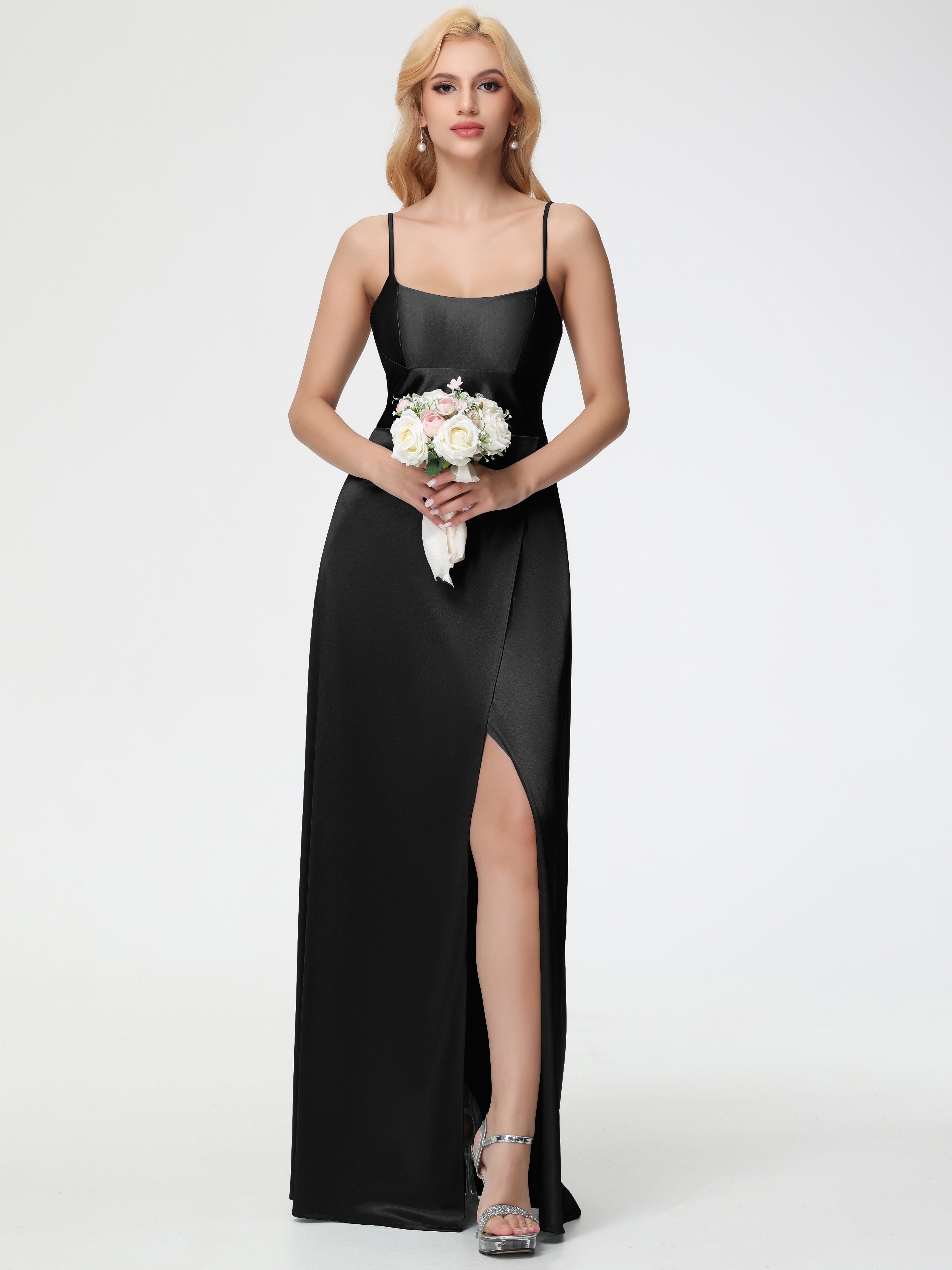 Robes De Demoiselle D'Honneur Noires Bretelles Spaghetti Col Carré Fendue Trapèze Satin Extensible Robe De Demoiselle D'Honneur
