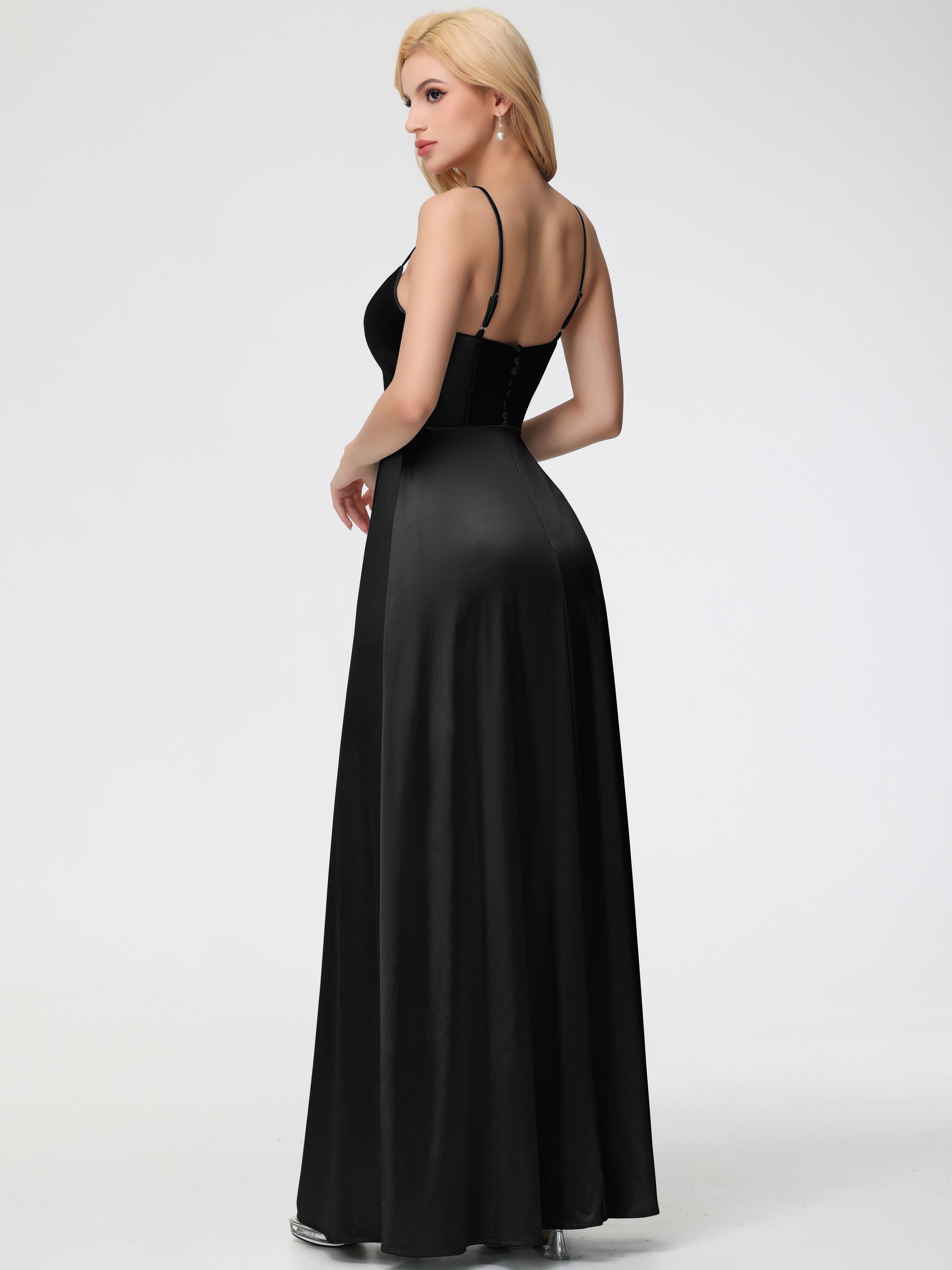 Robes De Demoiselle D'Honneur Noires Bretelles Spaghetti Col Carré Fendue Trapèze Satin Extensible Robe De Demoiselle D'Honneur