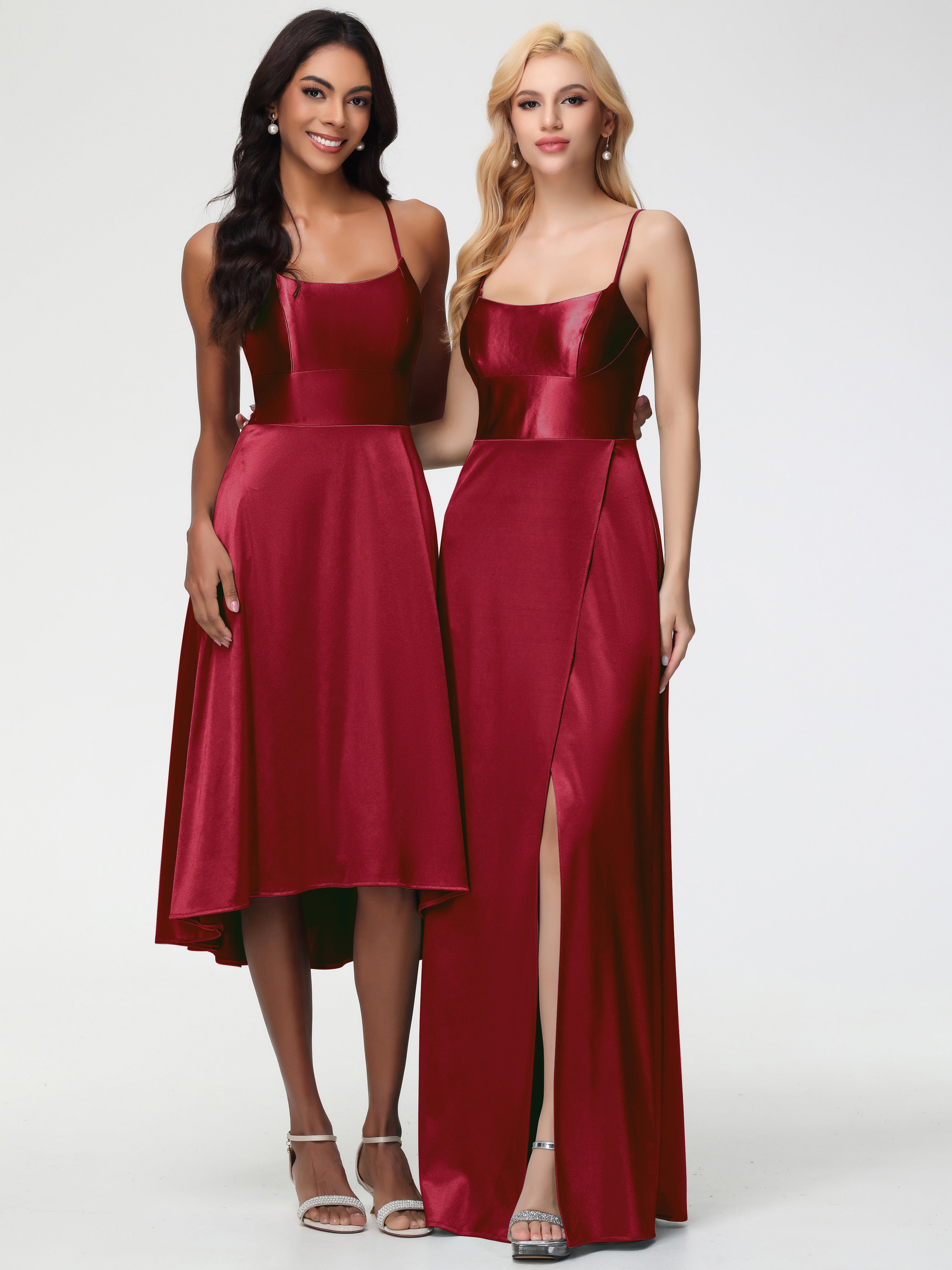 Modestes Robes De Demoiselle D'Honneur Bordeaux Bretelles Spaghetti Col Carré Fendue Trapèze Satin Extensible Robe De Demoiselle D'Honneur